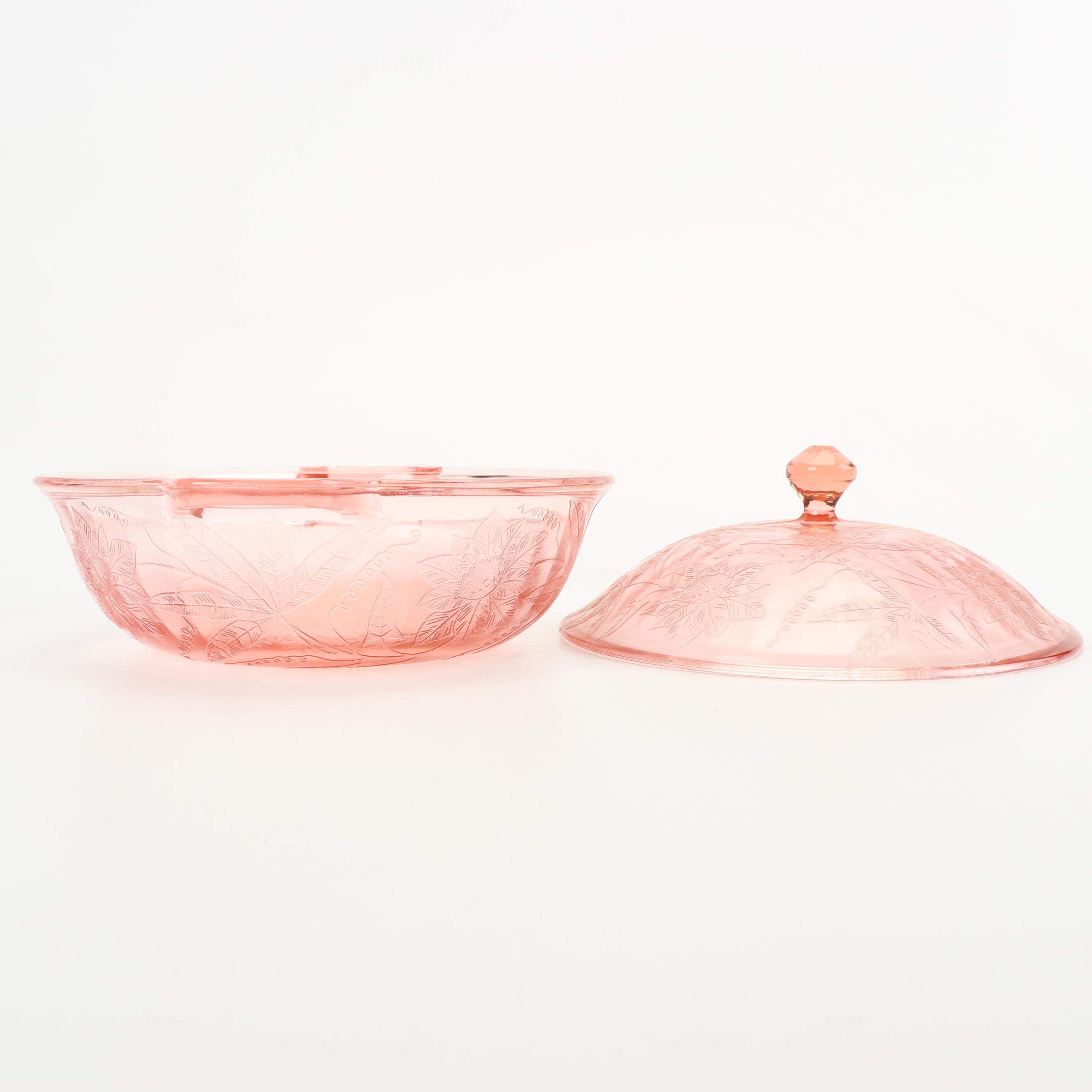 Jeanette "Floral Pink" Depression Glass Covered Round Vegetable Bowl