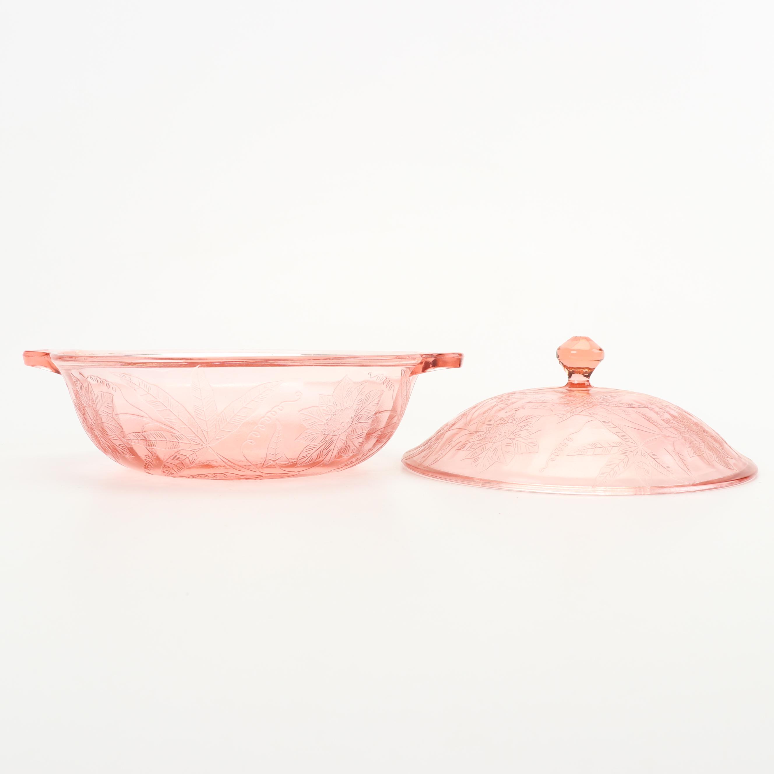 Jeanette "Floral Pink" Depression Glass Covered Round Vegetable Bowl