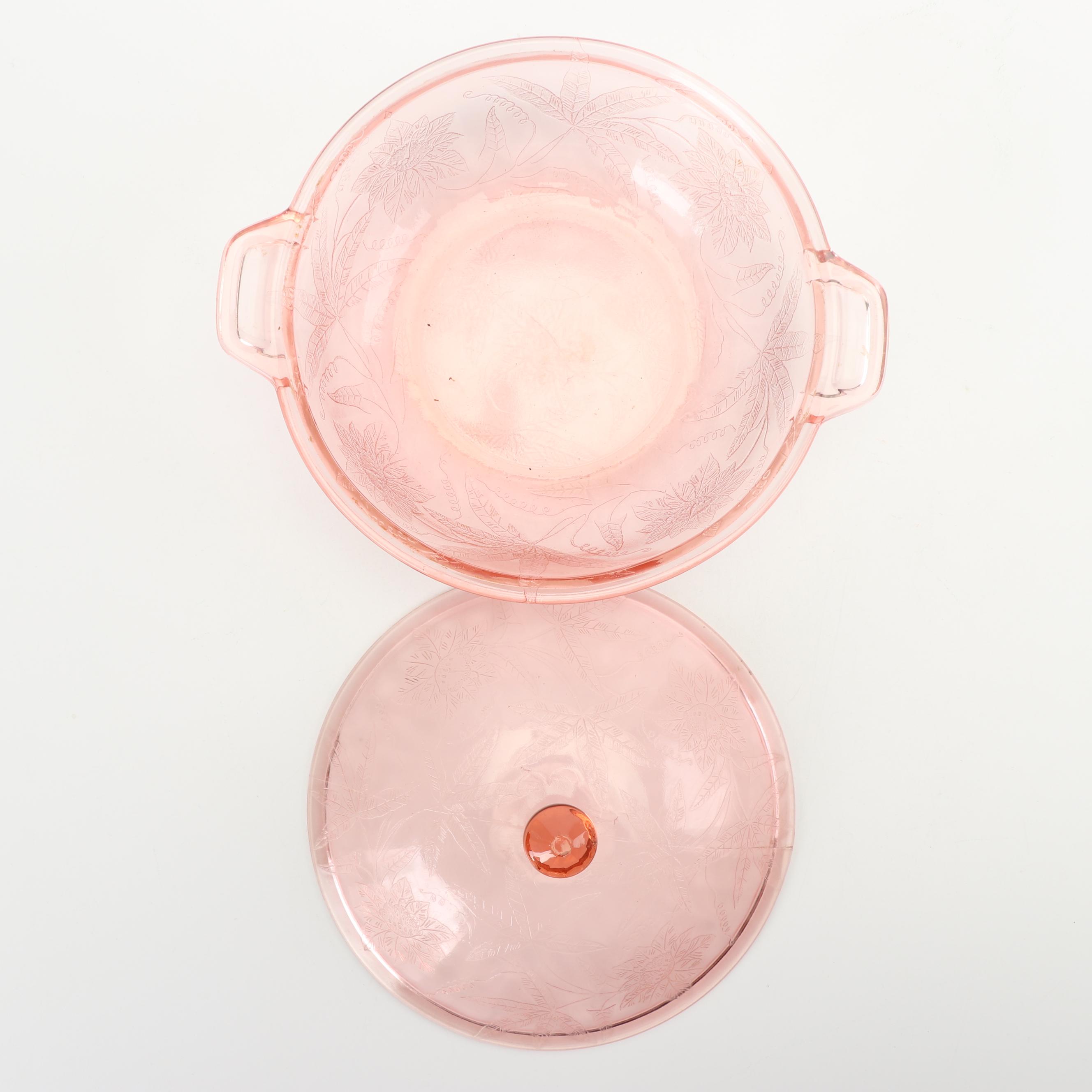 Jeanette "Floral Pink" Depression Glass Covered Round Vegetable Bowl