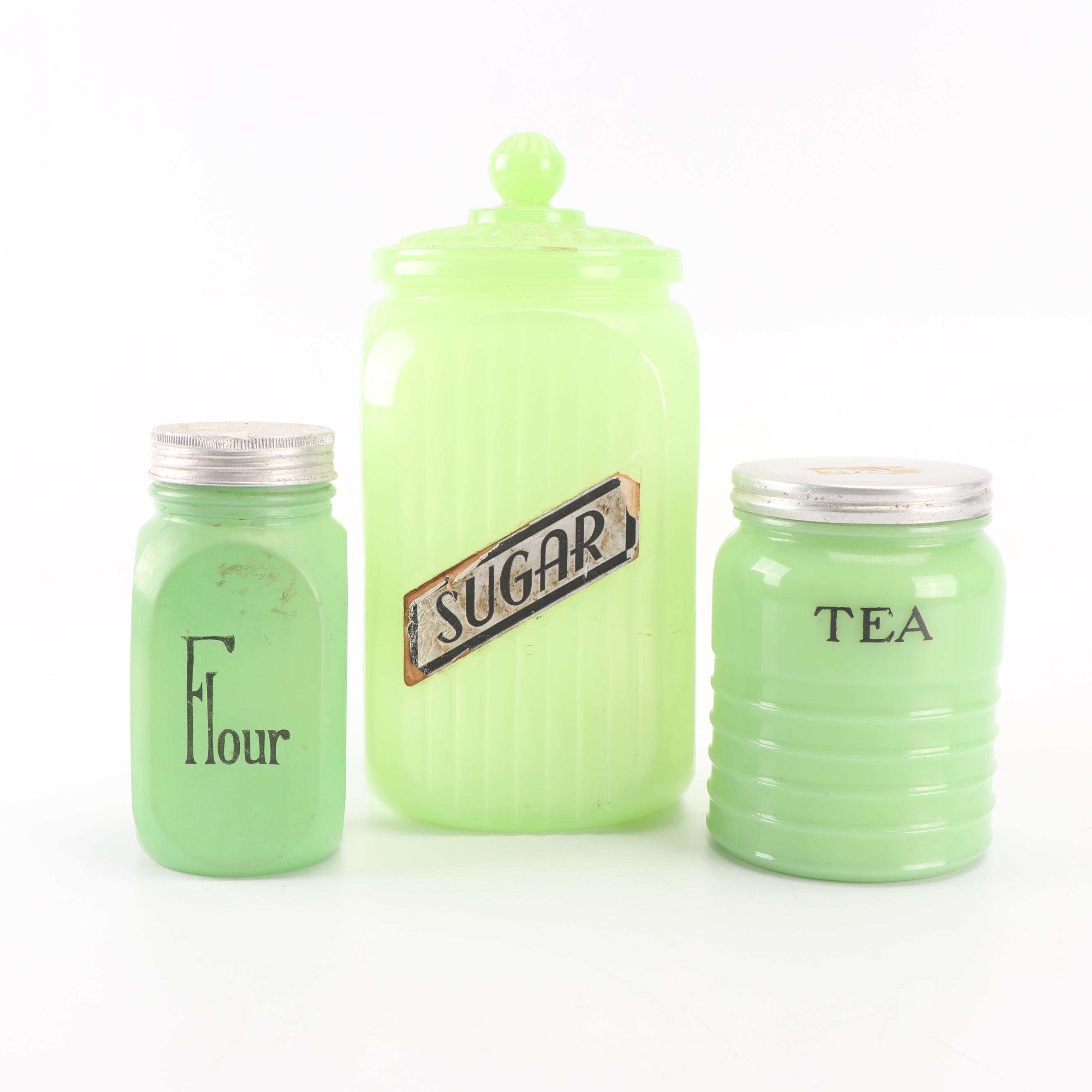 Jadeite Glass Kitchen Canisters including Jeannette, Mid-Century