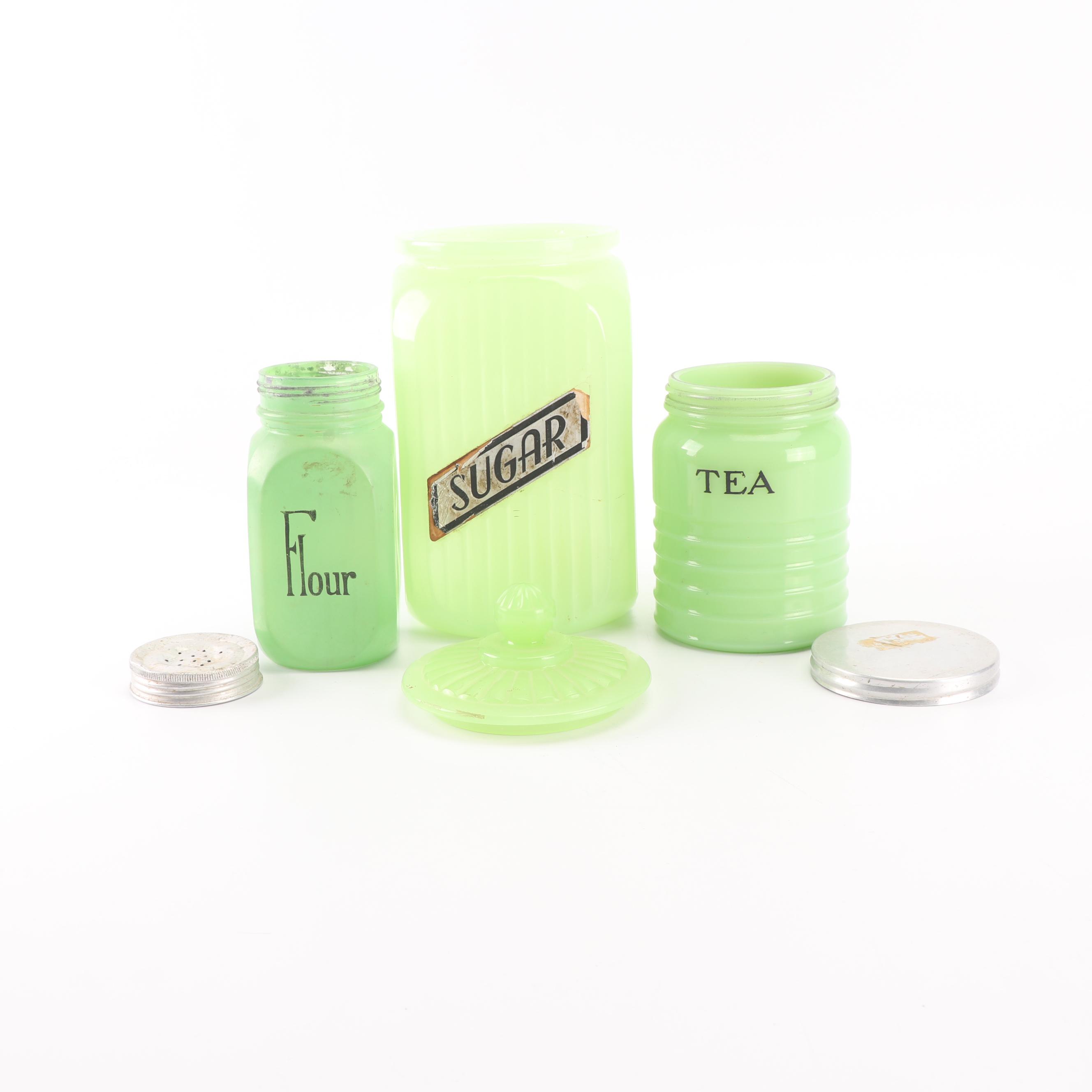 Jadeite Glass Kitchen Canisters including Jeannette, Mid-Century