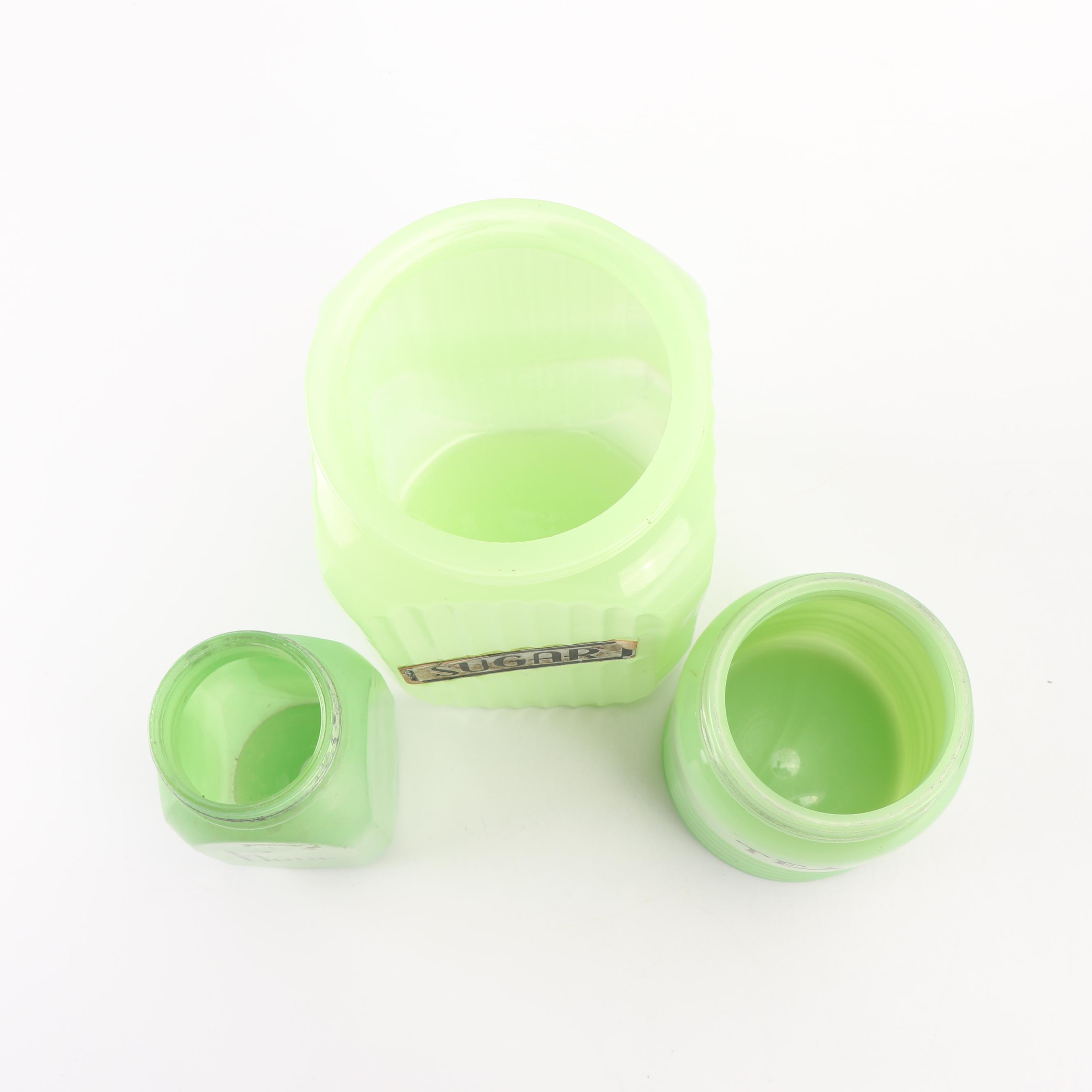 Jadeite Glass Kitchen Canisters including Jeannette, Mid-Century