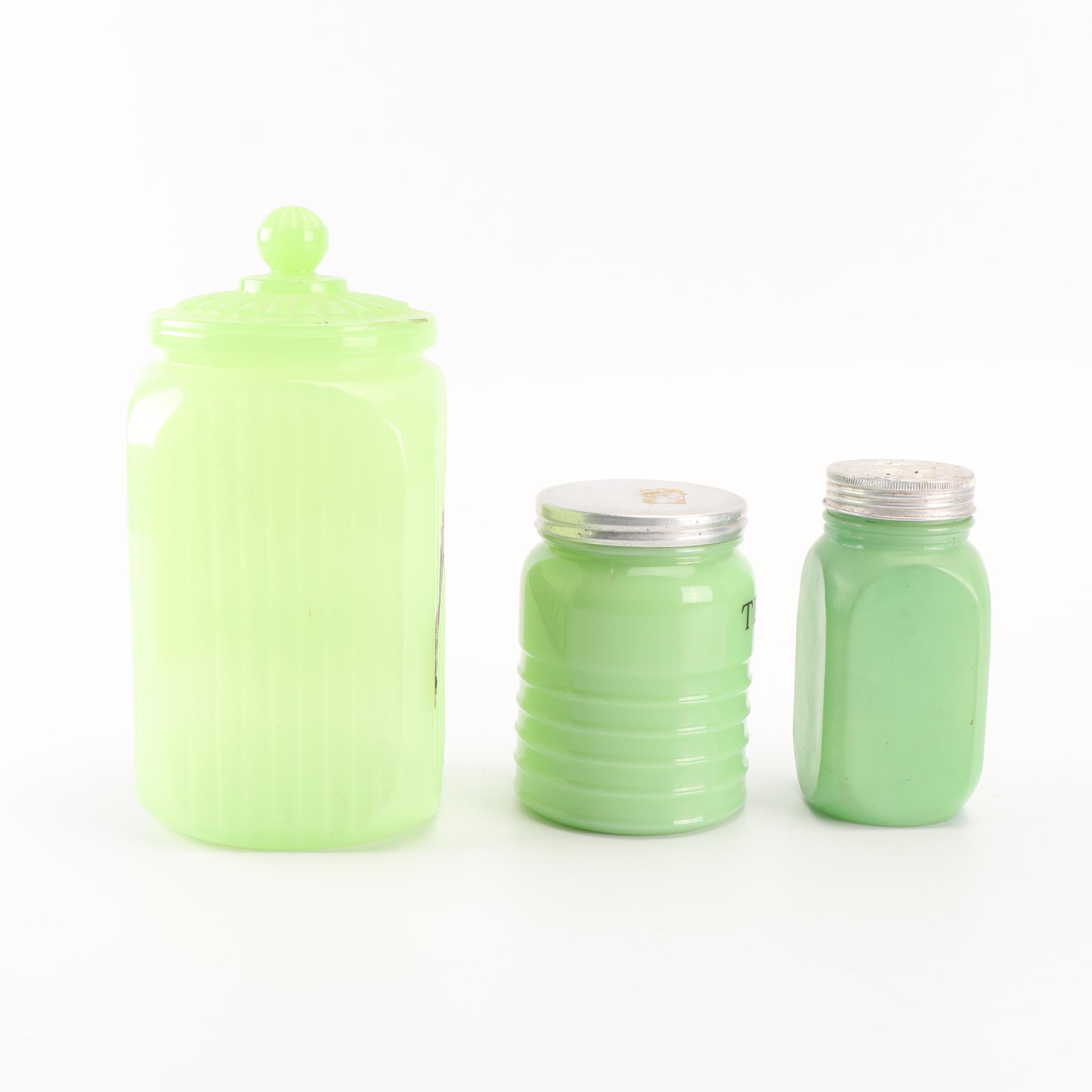 Jadeite Glass Kitchen Canisters including Jeannette, Mid-Century