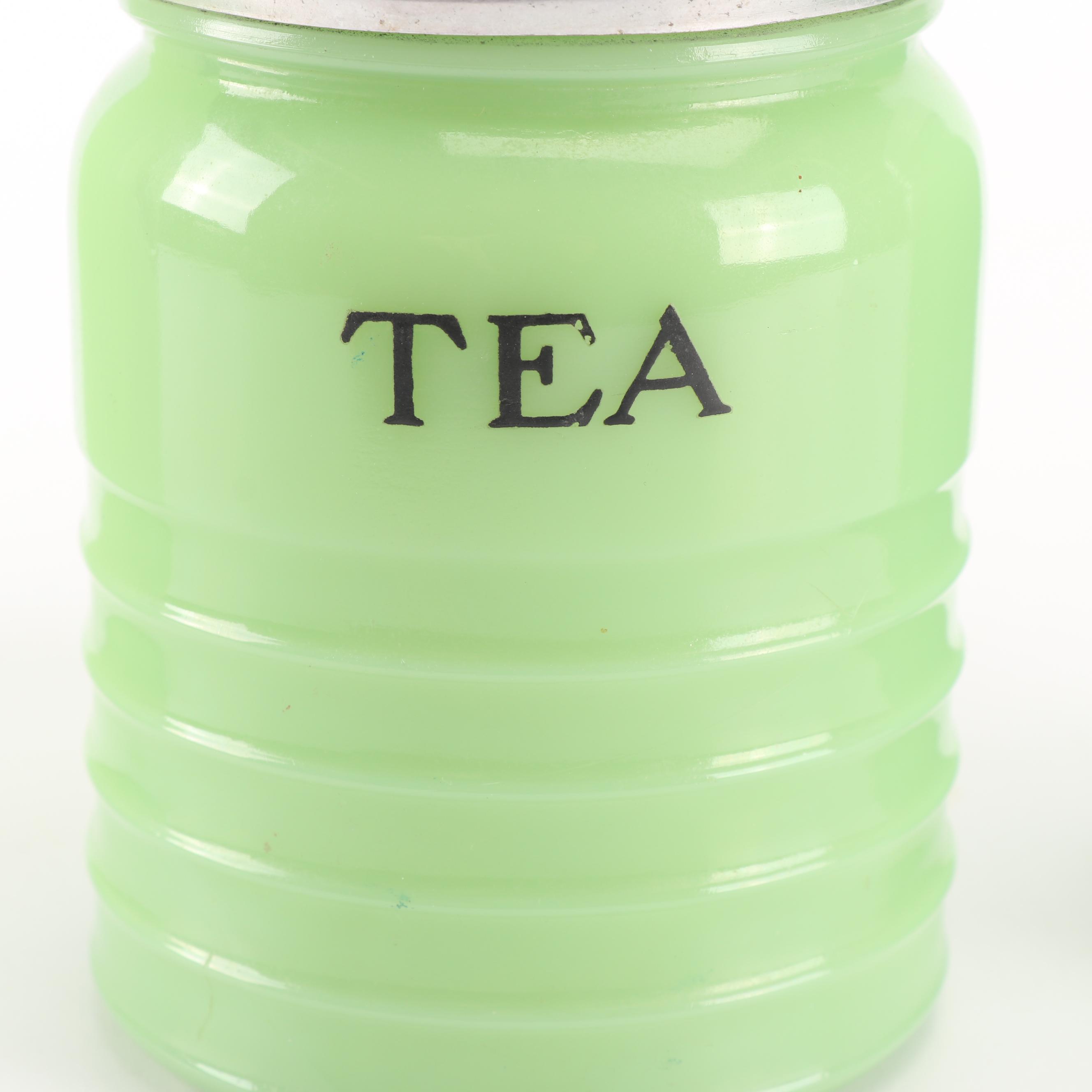Jadeite Glass Kitchen Canisters including Jeannette, Mid-Century