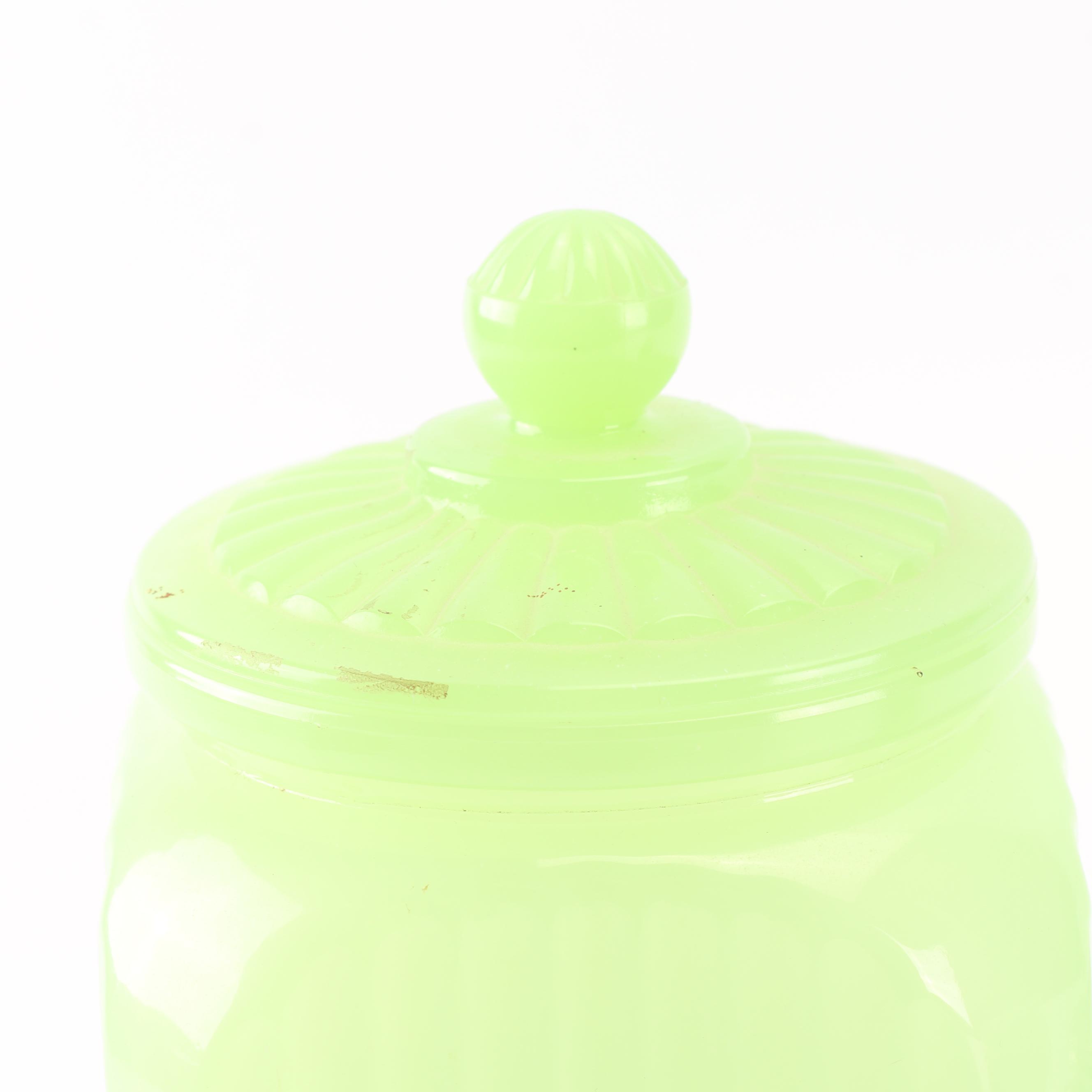 Jadeite Glass Kitchen Canisters including Jeannette, Mid-Century