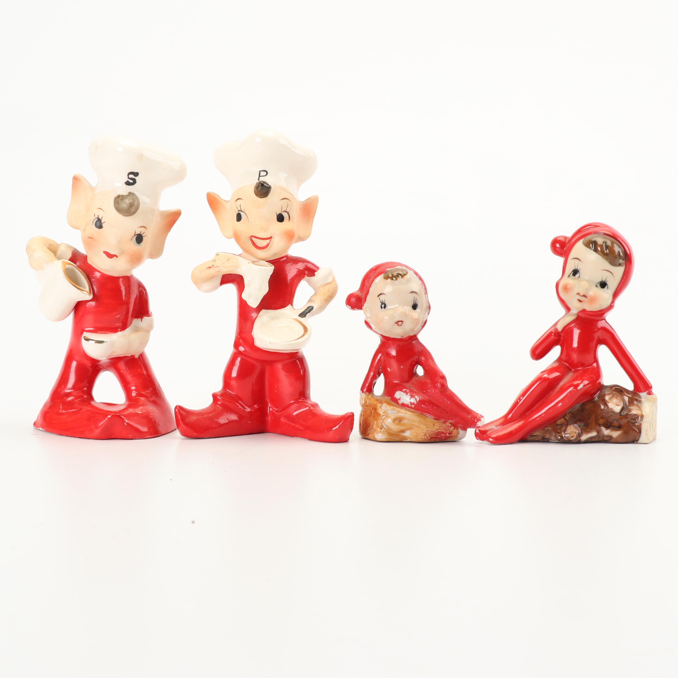 Ceramic Pixie Figurines with Salt and Pepper Set, Mid Century