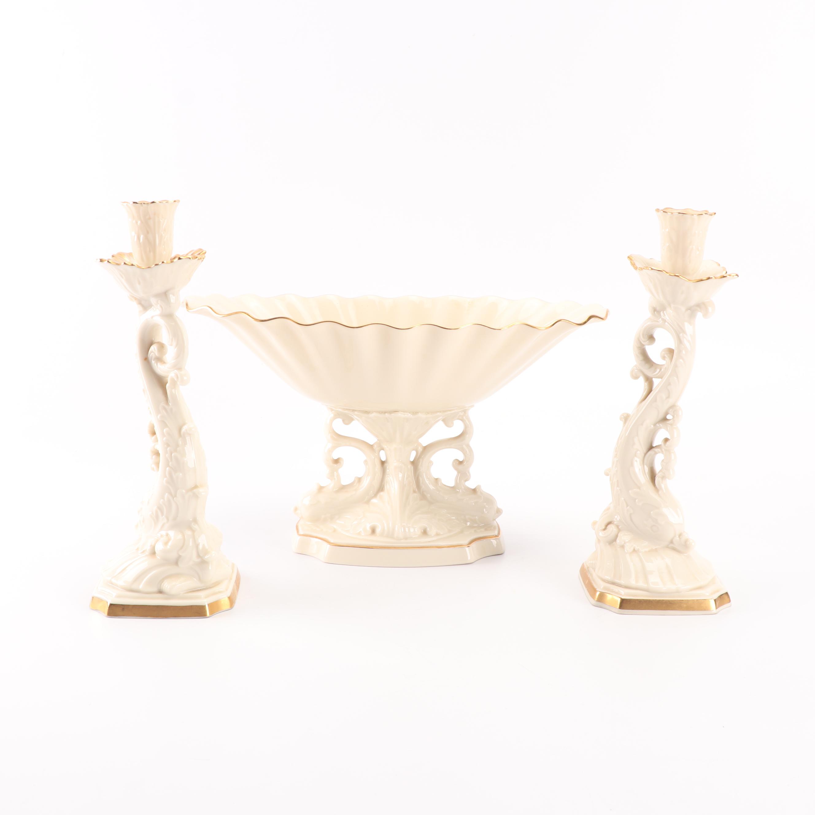 Lenox Hand-Decorated Bone China Centerpiece Bowl and Candlesticks