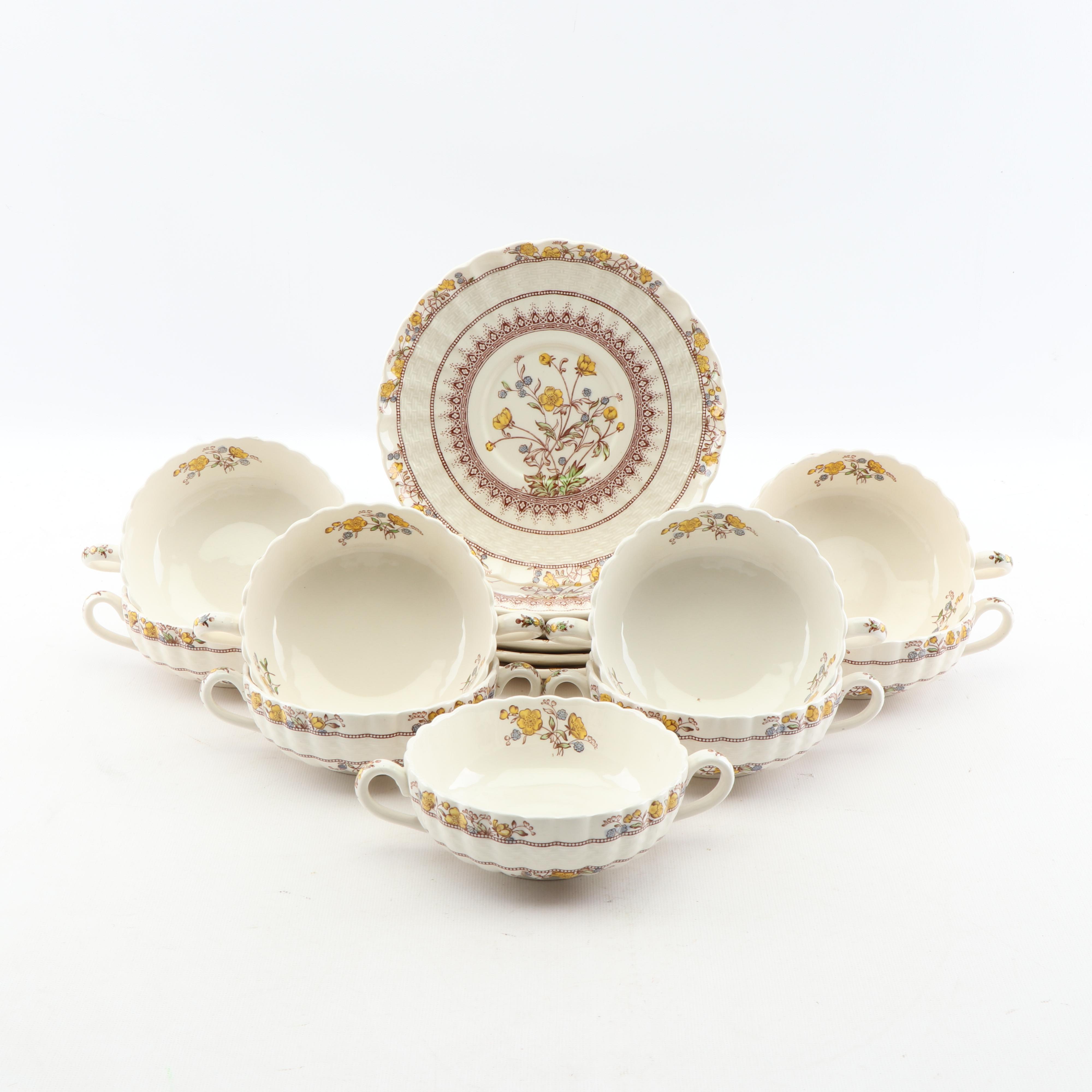 Spode "Buttercup" Hand Colored Cream Soup Bowls and Underplates