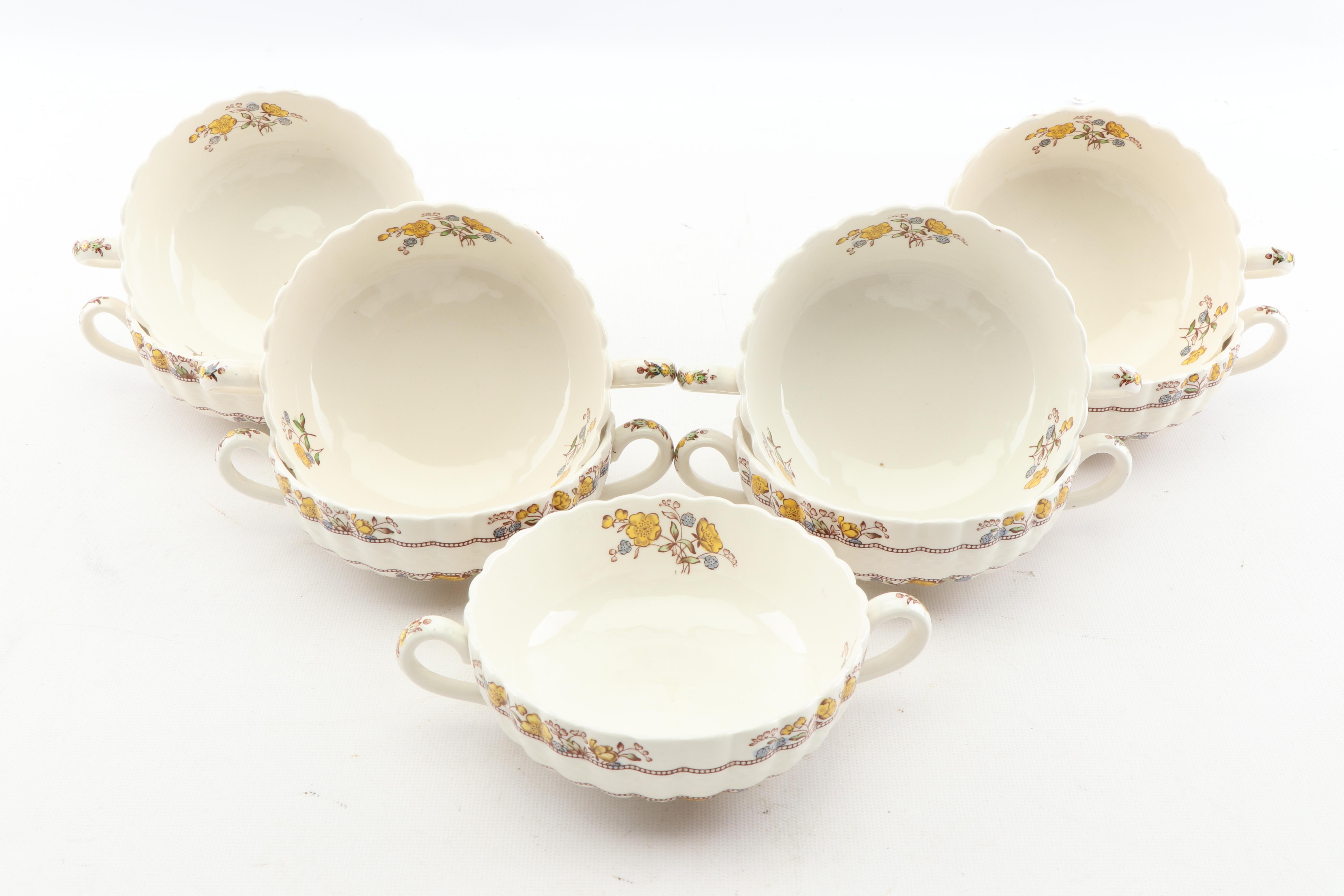 Spode "Buttercup" Hand Colored Cream Soup Bowls and Underplates