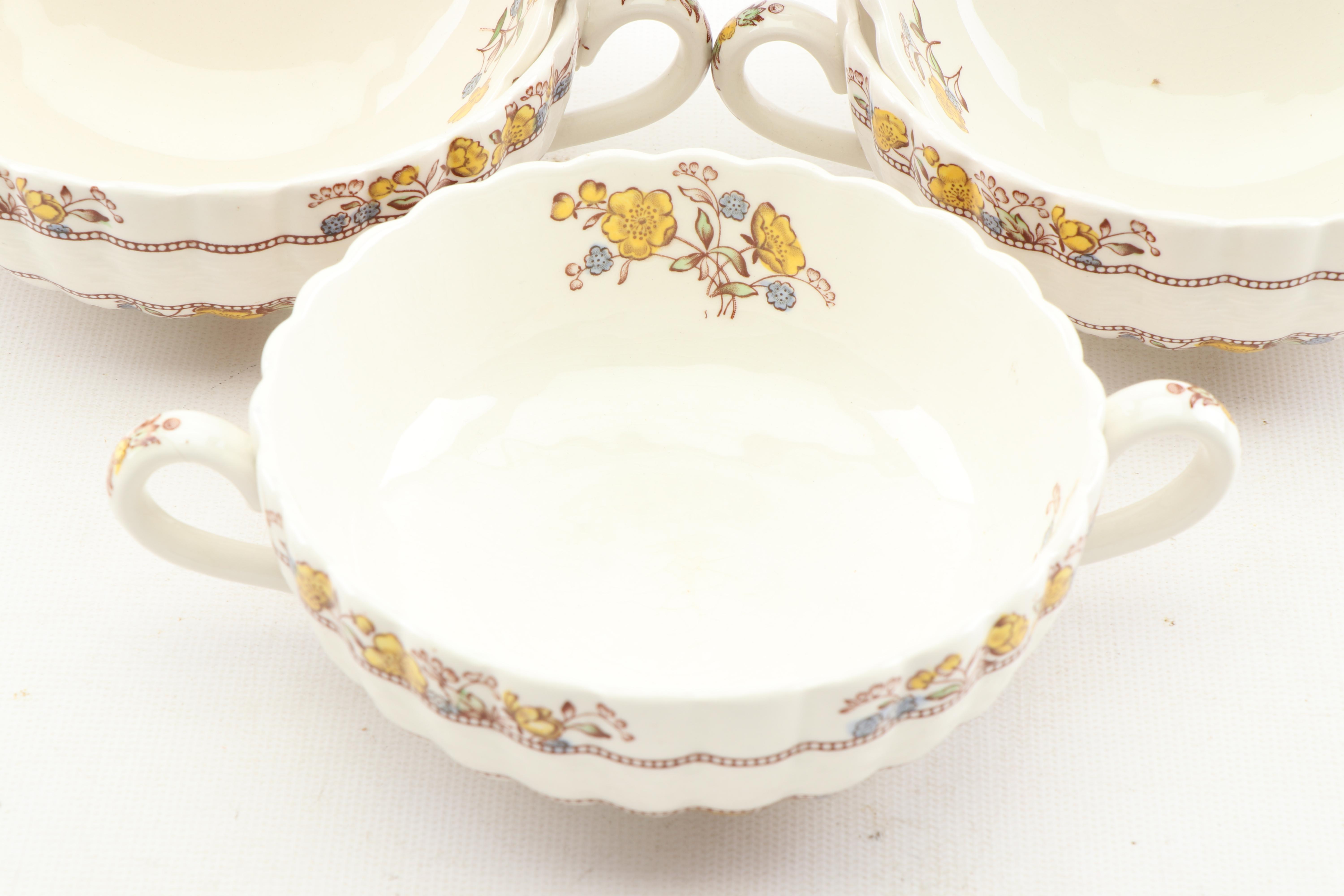 Spode "Buttercup" Hand Colored Cream Soup Bowls and Underplates