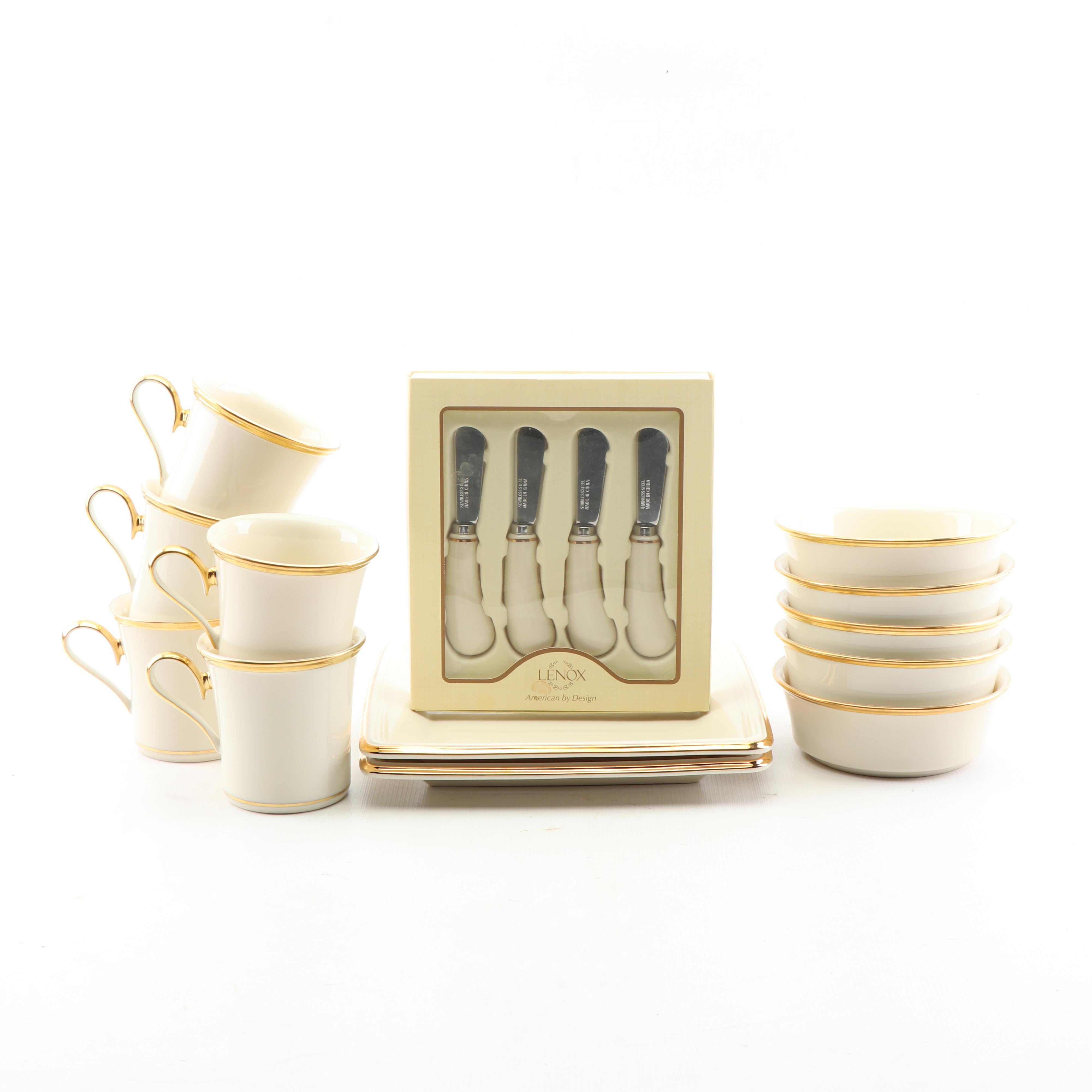 Lenox China "Eternal" Bone China Mugs, Bowls, Plates, and Butter Spreaders