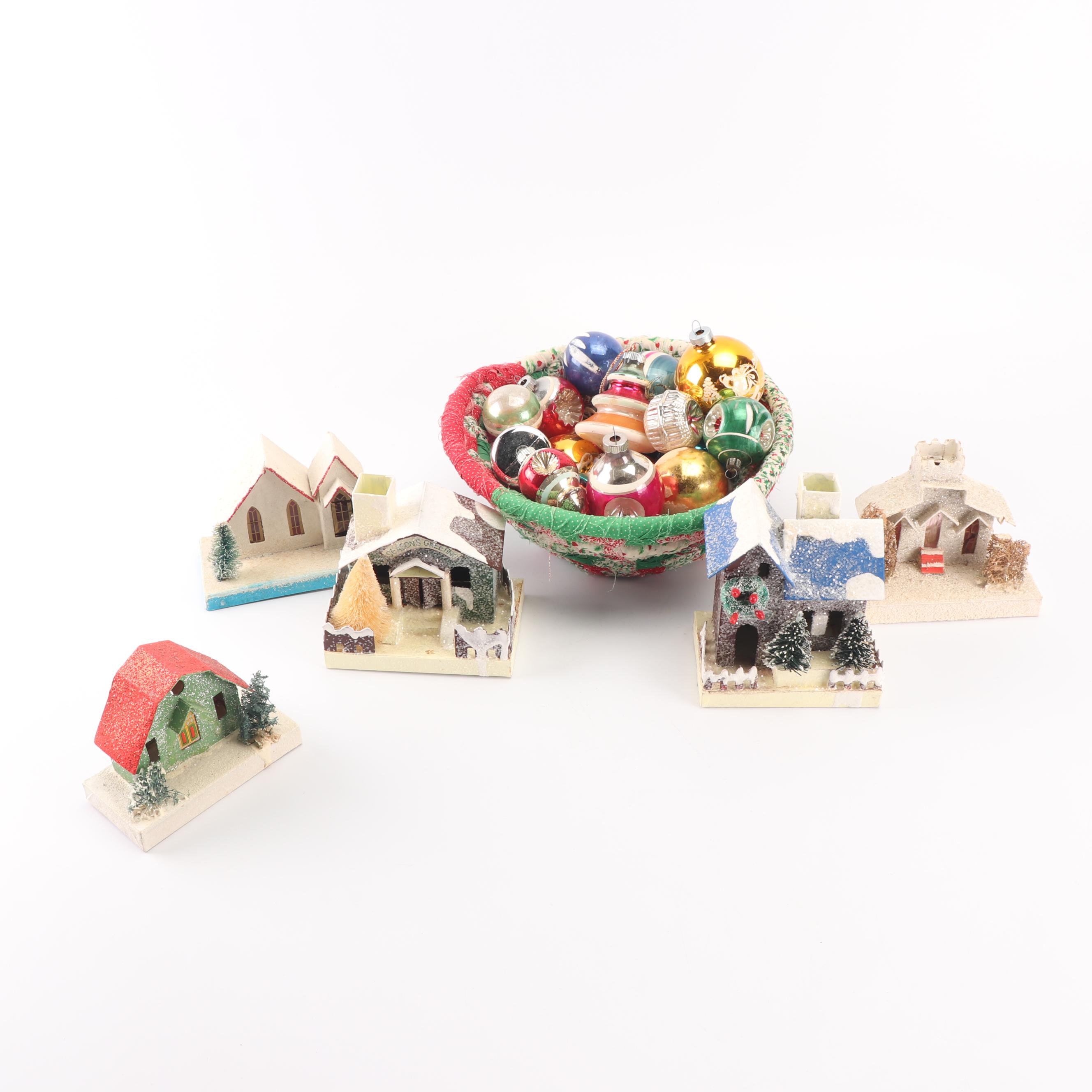 Glass Christmas Ornaments, Basket, and Putz Houses