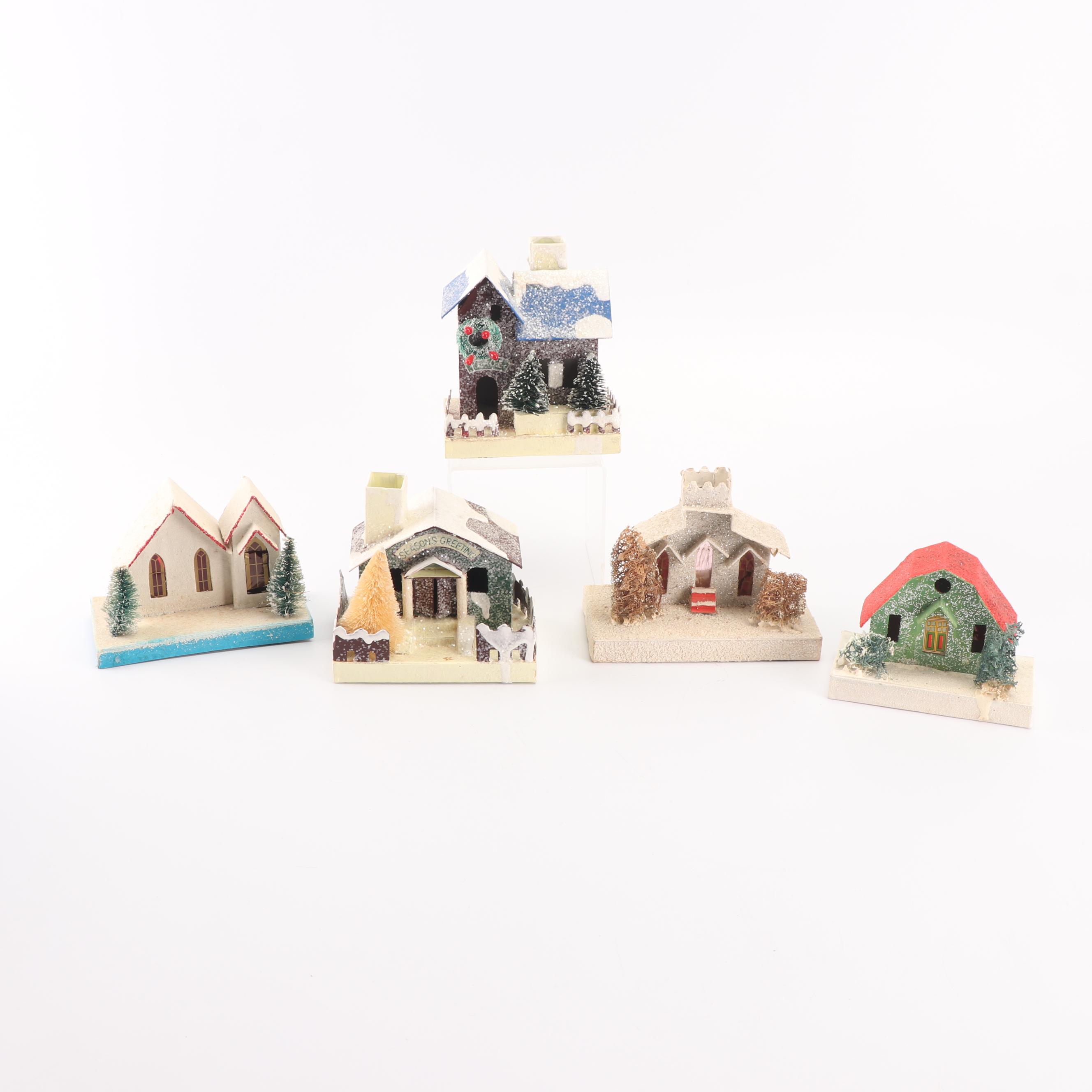 Glass Christmas Ornaments, Basket, and Putz Houses