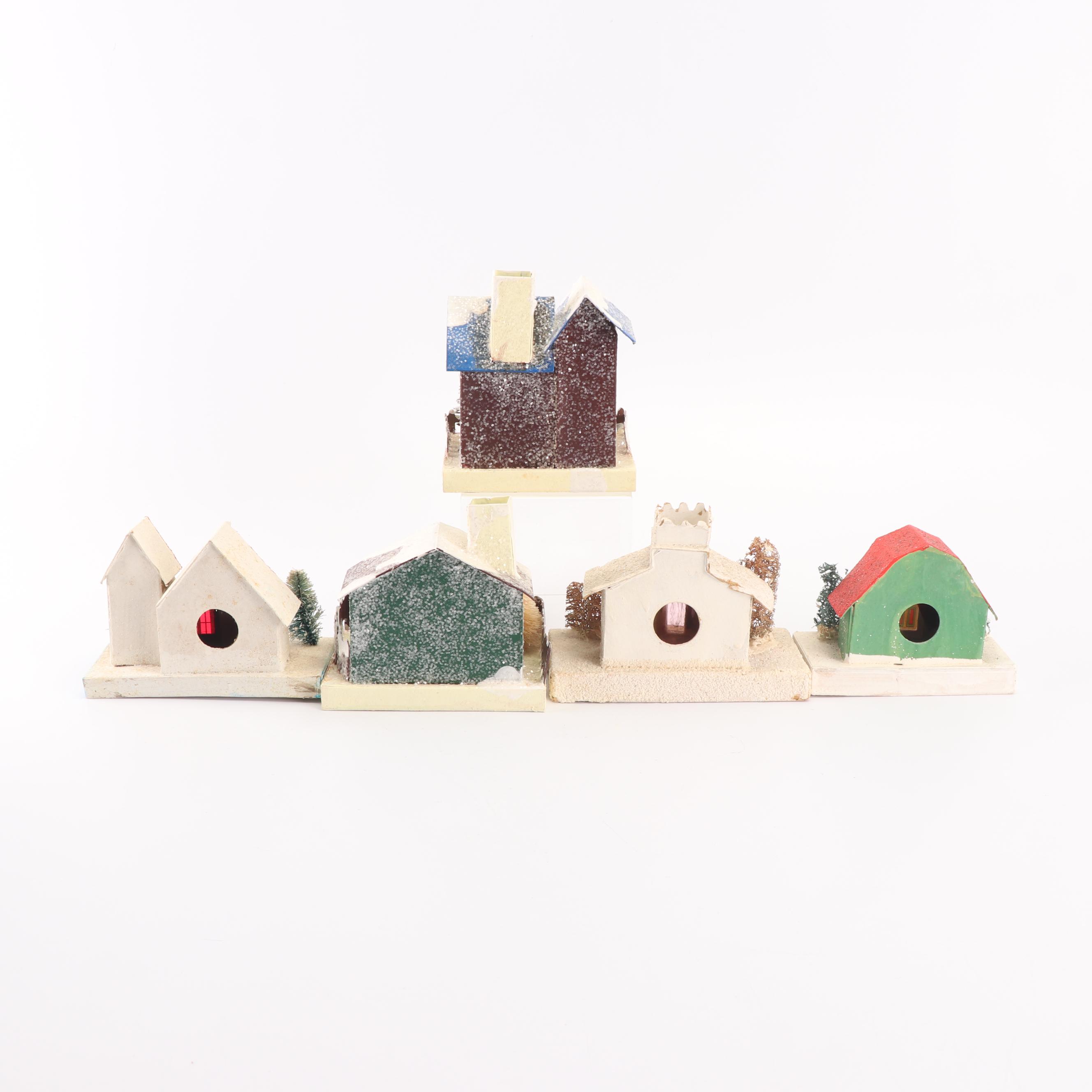 Glass Christmas Ornaments, Basket, and Putz Houses