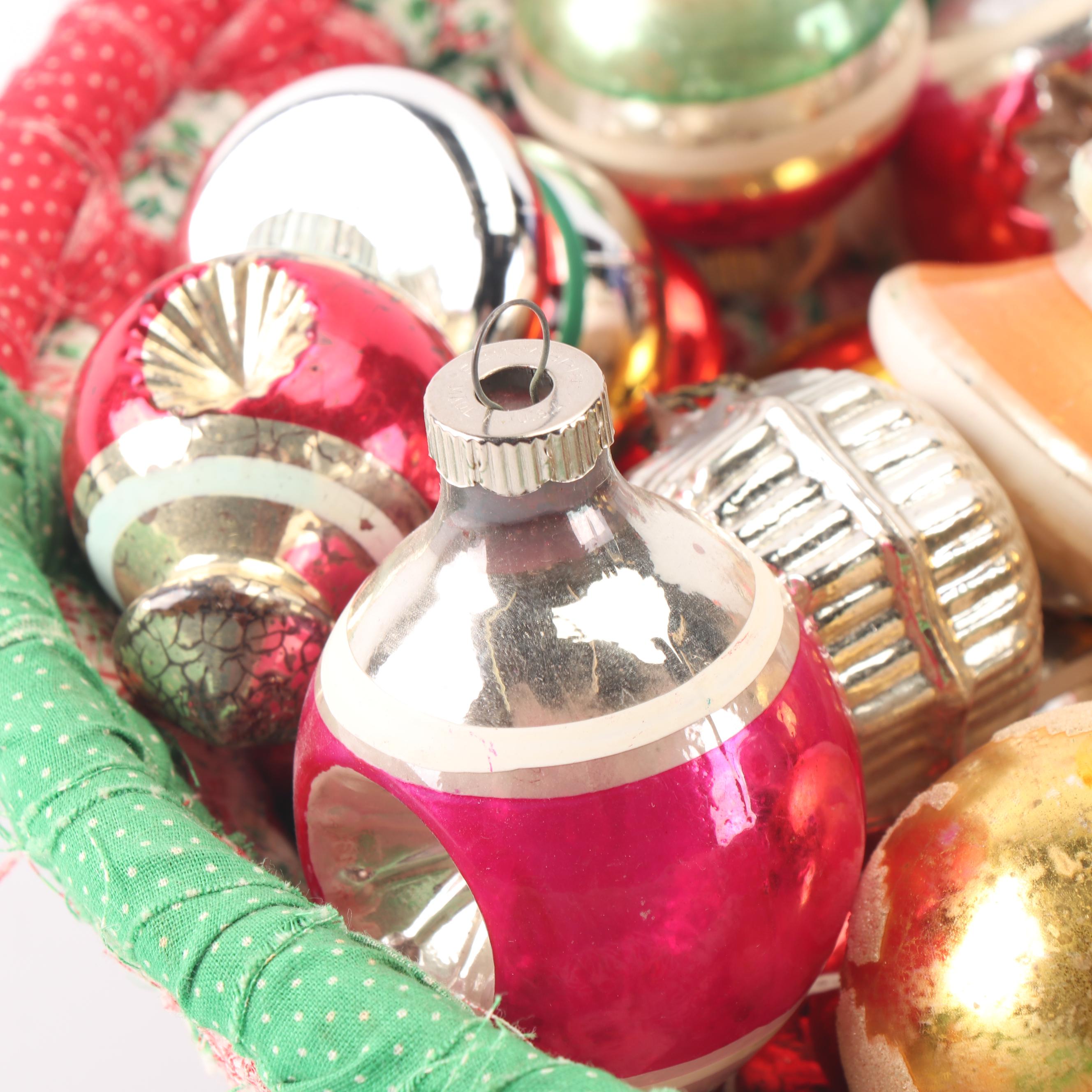 Glass Christmas Ornaments, Basket, and Putz Houses