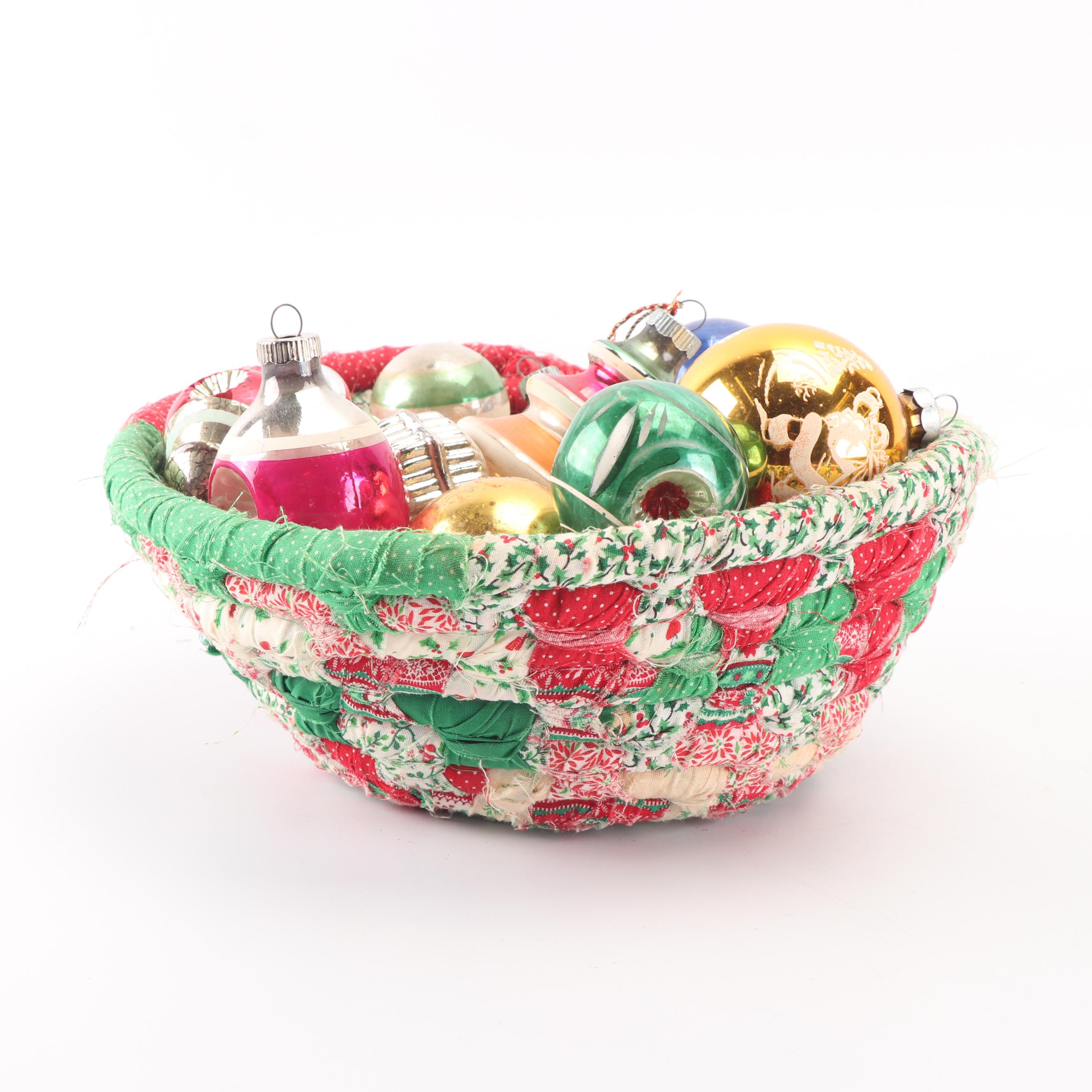 Glass Christmas Ornaments, Basket, and Putz Houses