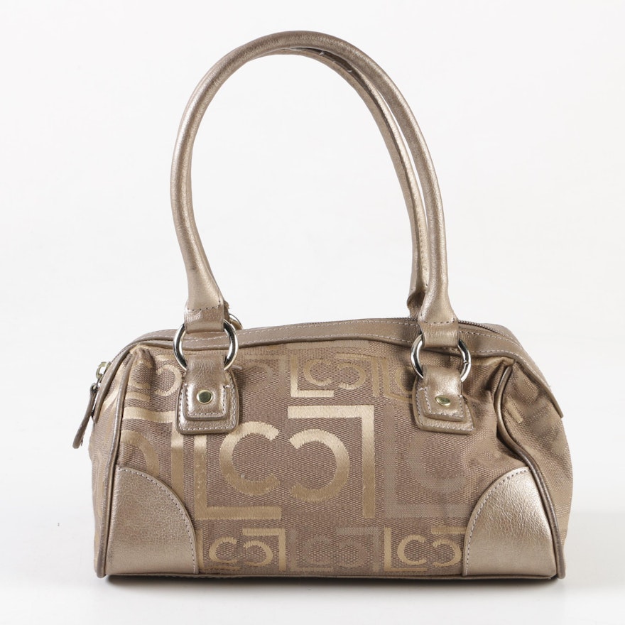 Liz Claiborne Metallic Bronze Logo Fabric and Faux Leather Petite Satchel