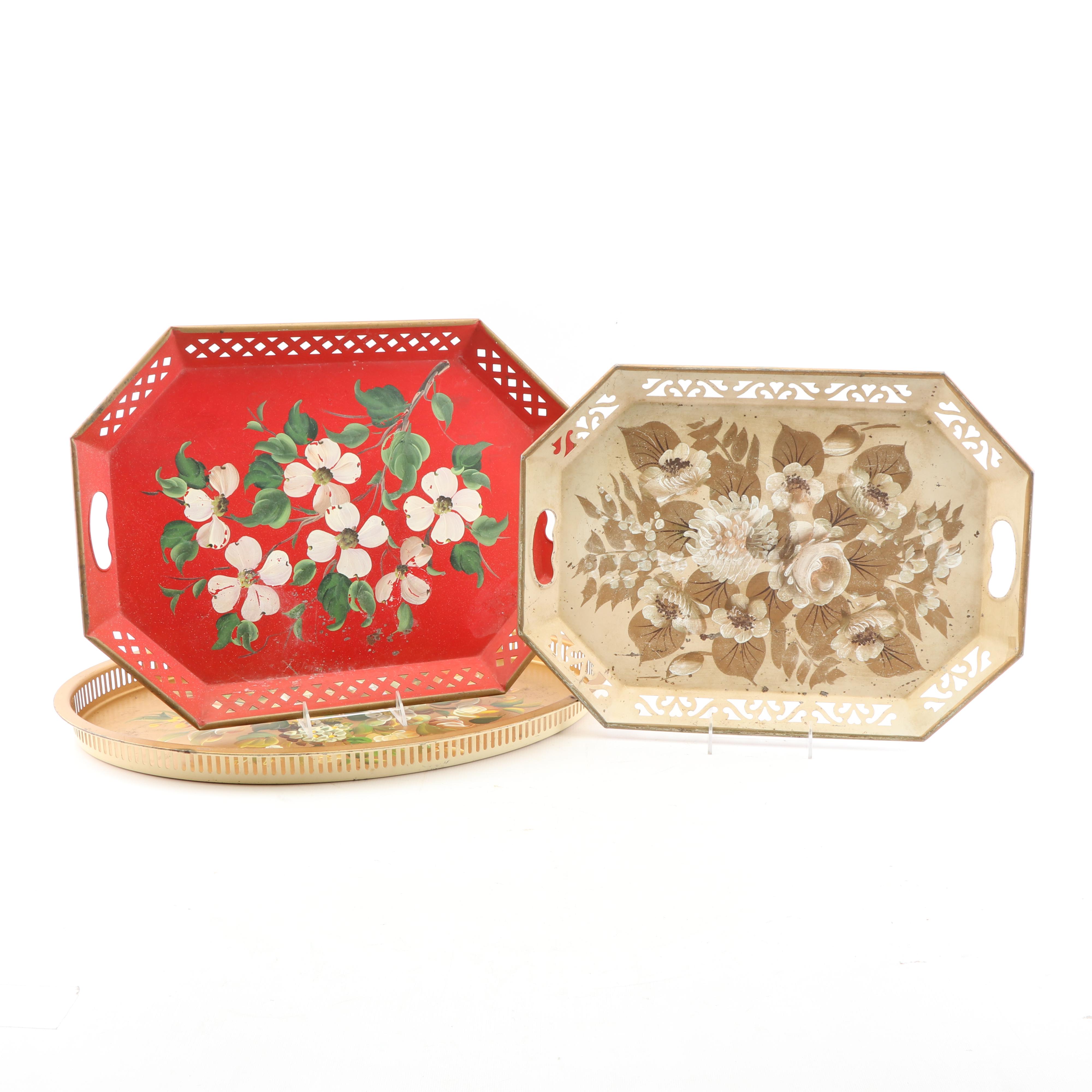 Hand-Painted Floral Metal Tole Trays including Nashco, Vintage