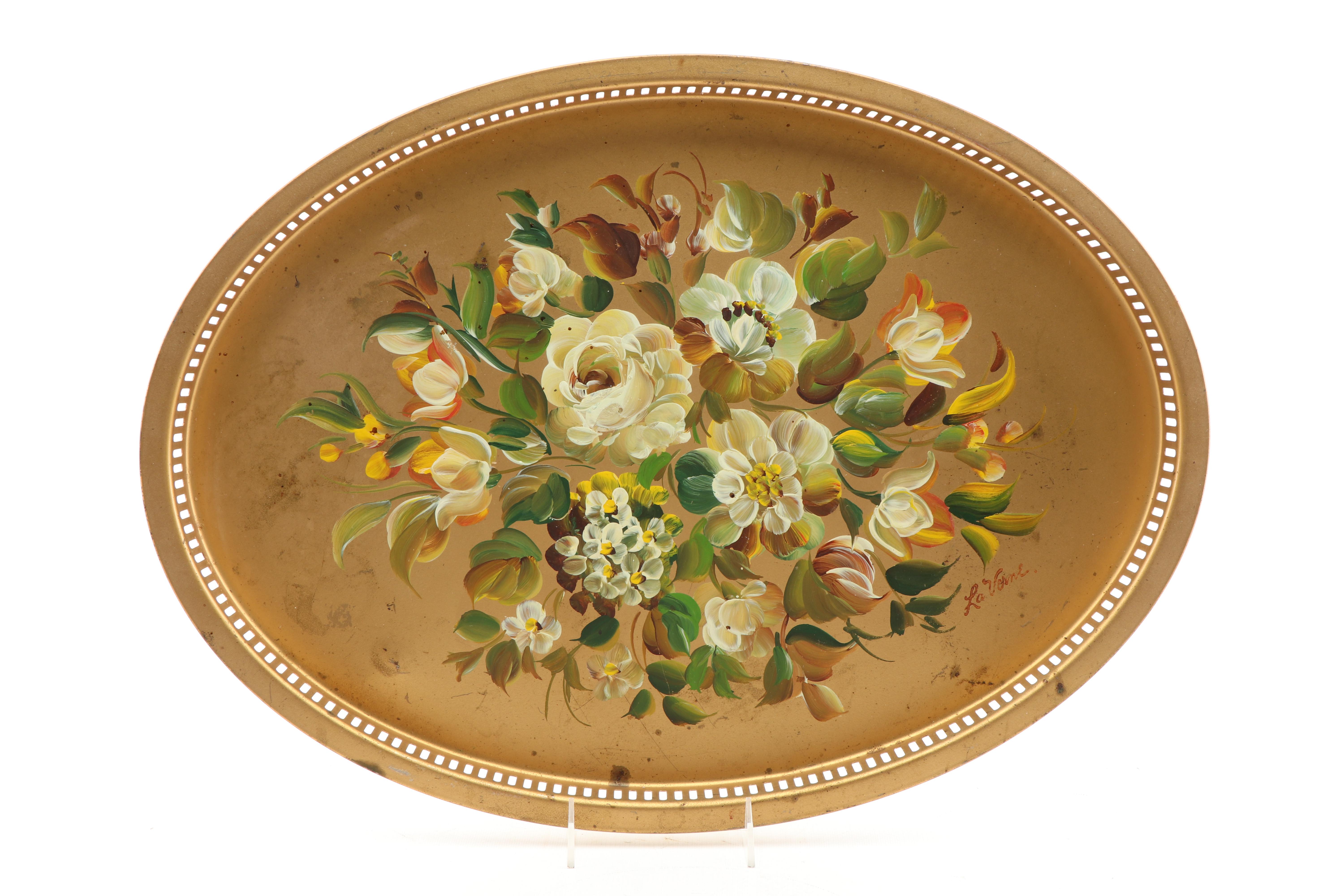 Hand-Painted Floral Metal Tole Trays including Nashco, Vintage