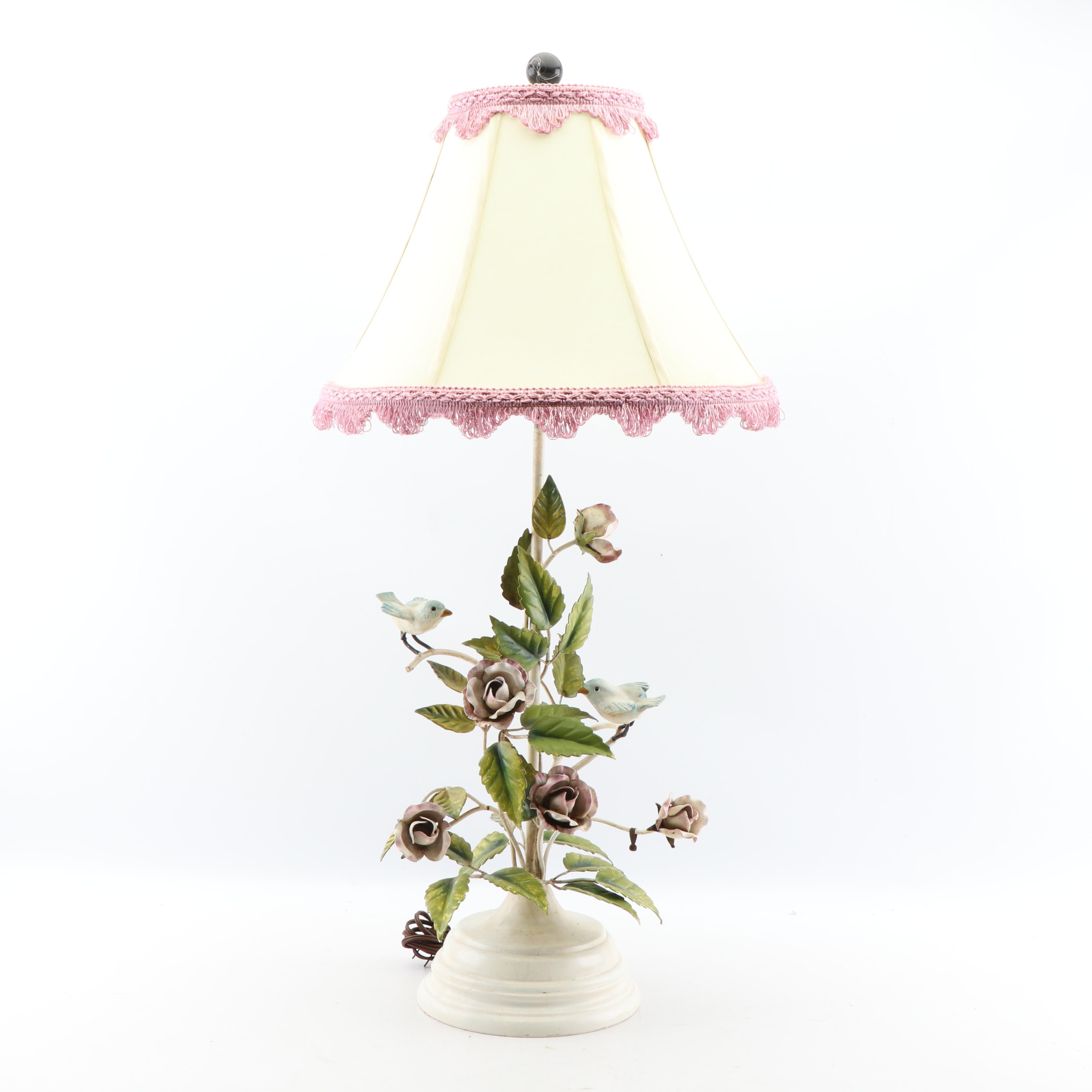 Vintage Tole Avian and Floral Motif Table Lamp with Decorated Lampshade