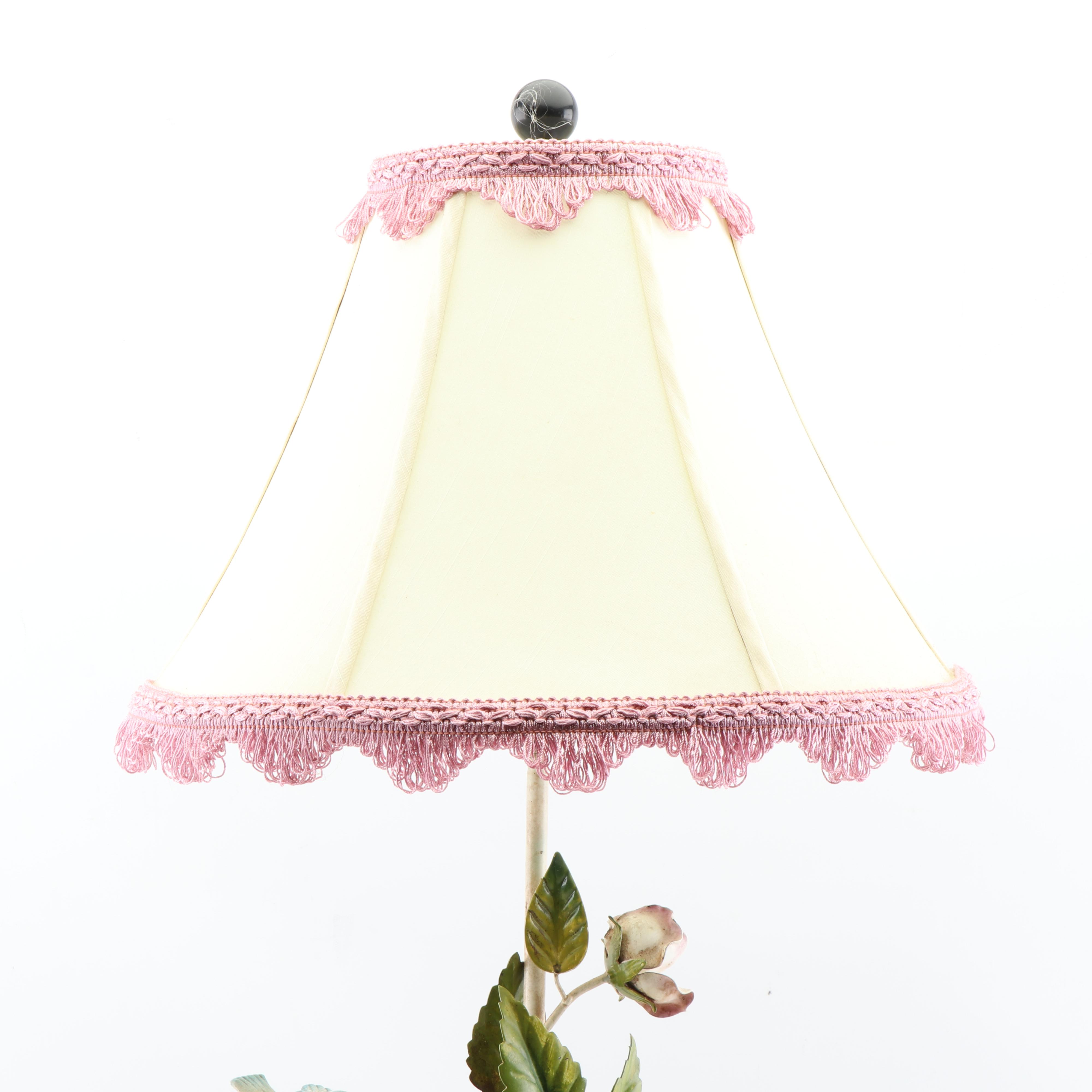 Vintage Tole Avian and Floral Motif Table Lamp with Decorated Lampshade