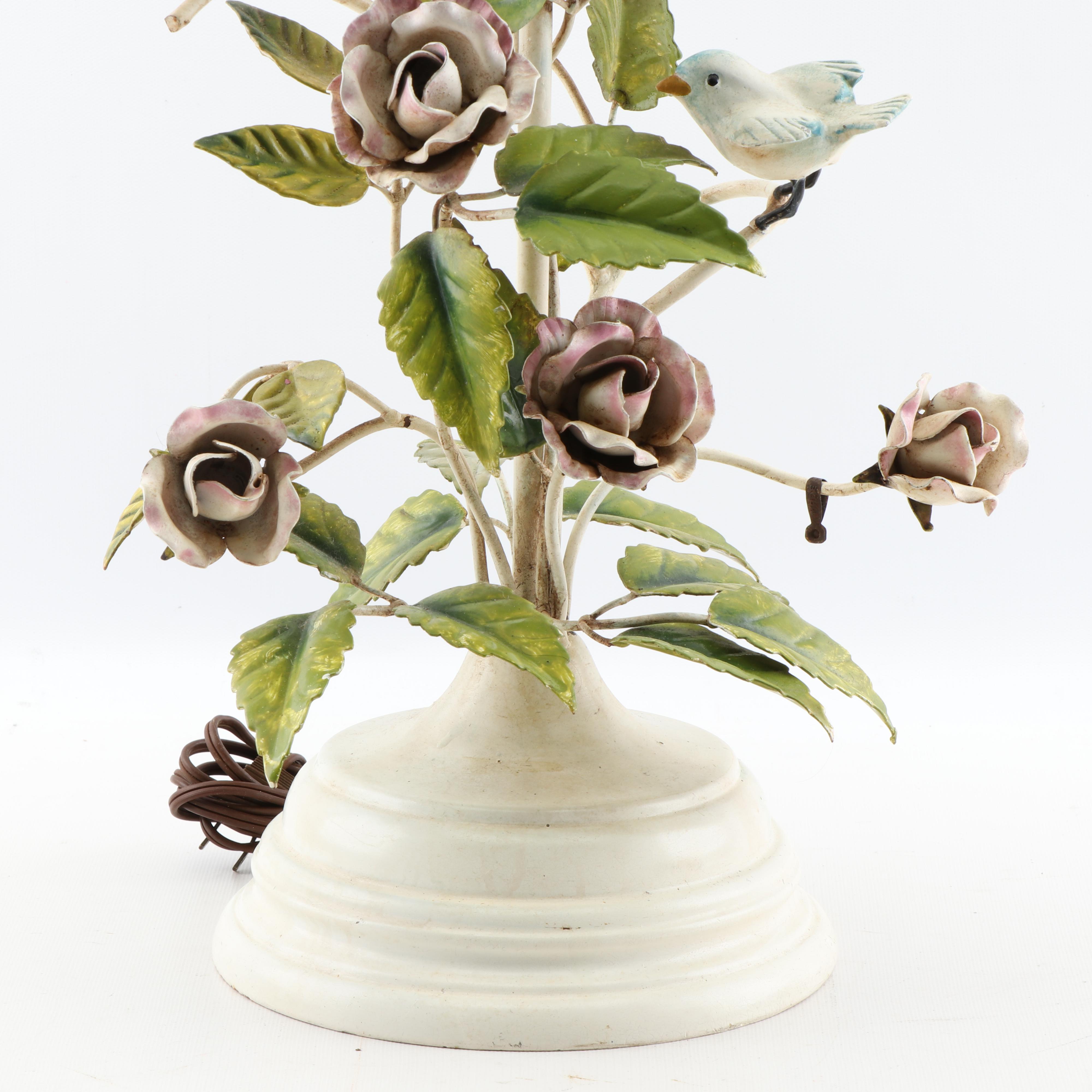 Vintage Tole Avian and Floral Motif Table Lamp with Decorated Lampshade