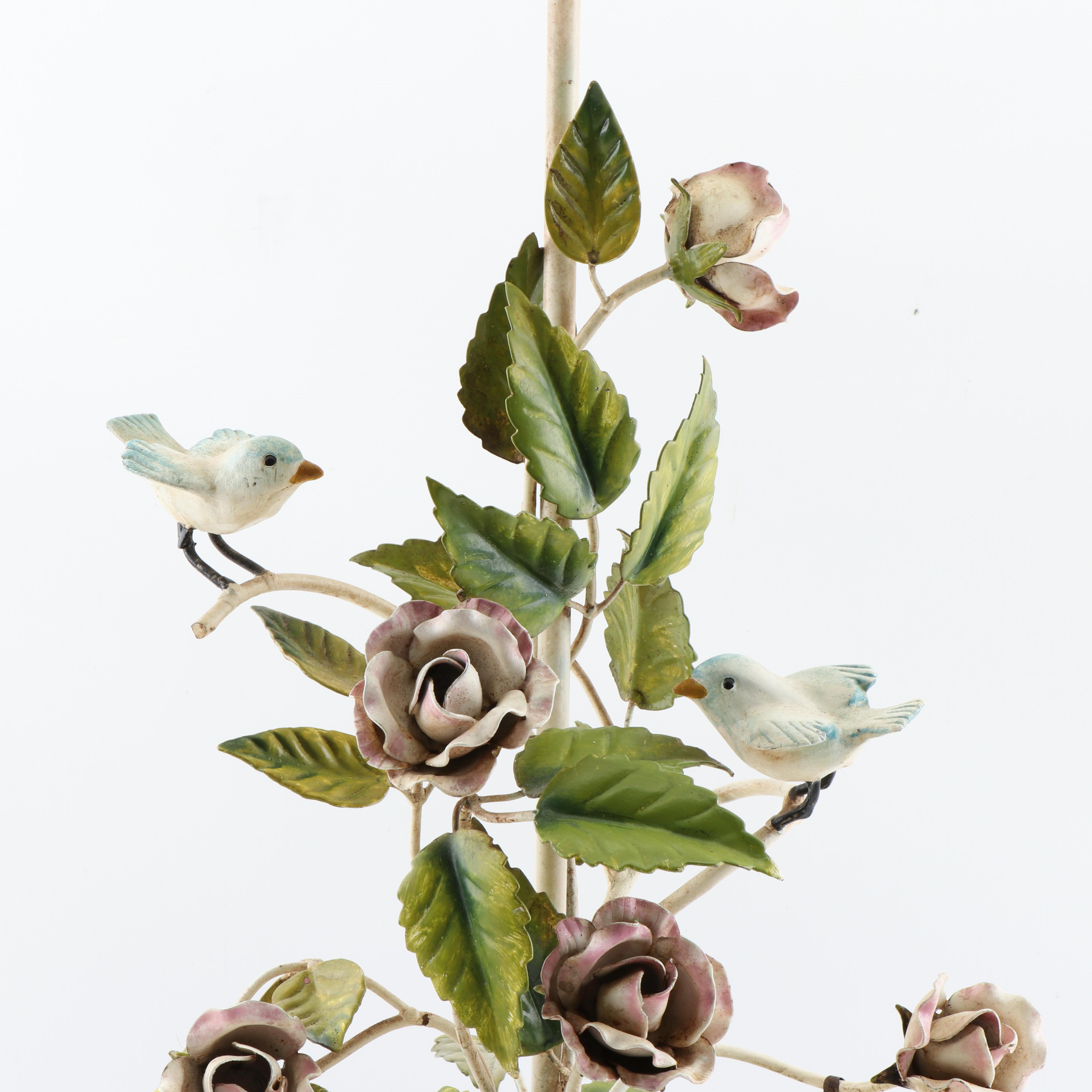 Vintage Tole Avian and Floral Motif Table Lamp with Decorated Lampshade