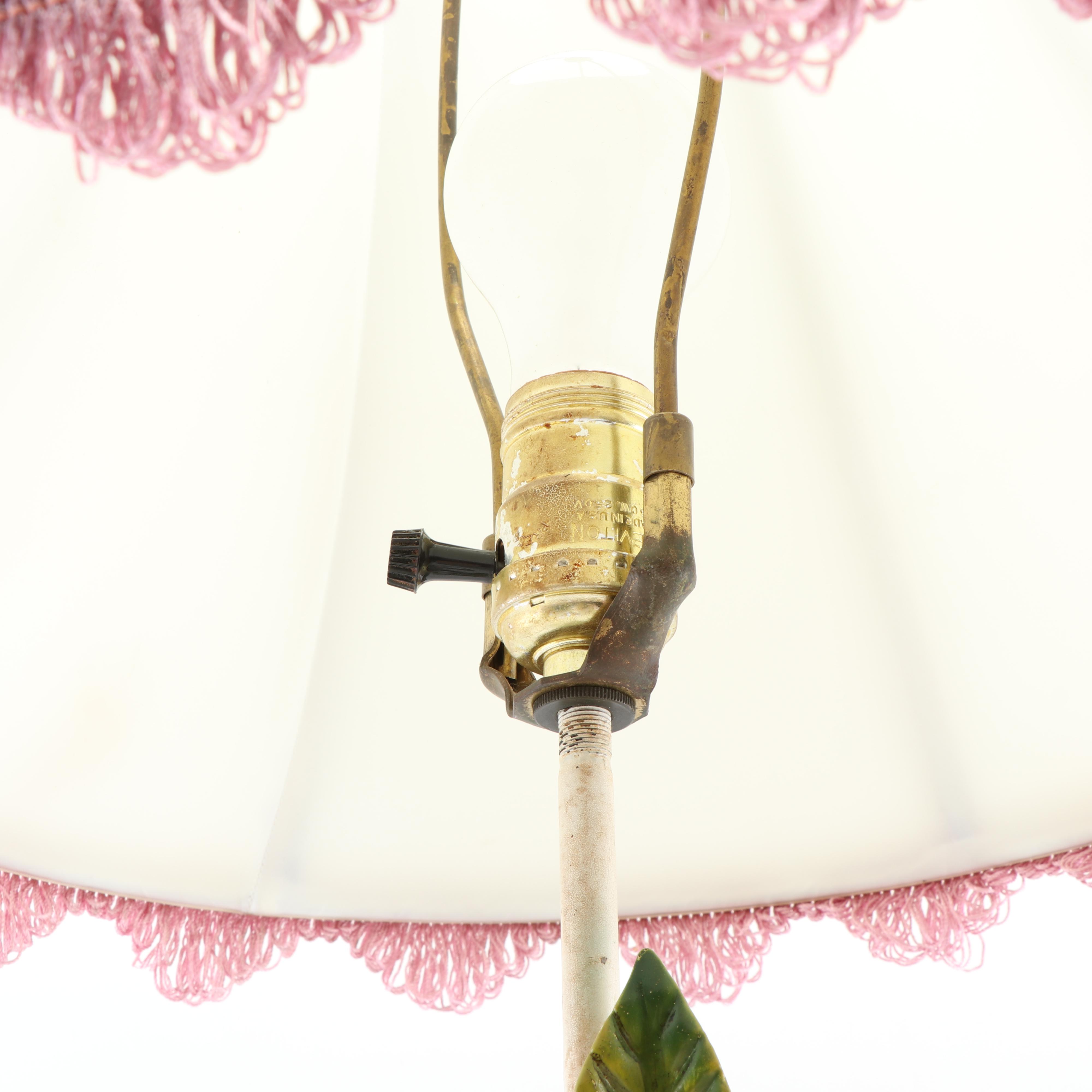 Vintage Tole Avian and Floral Motif Table Lamp with Decorated Lampshade