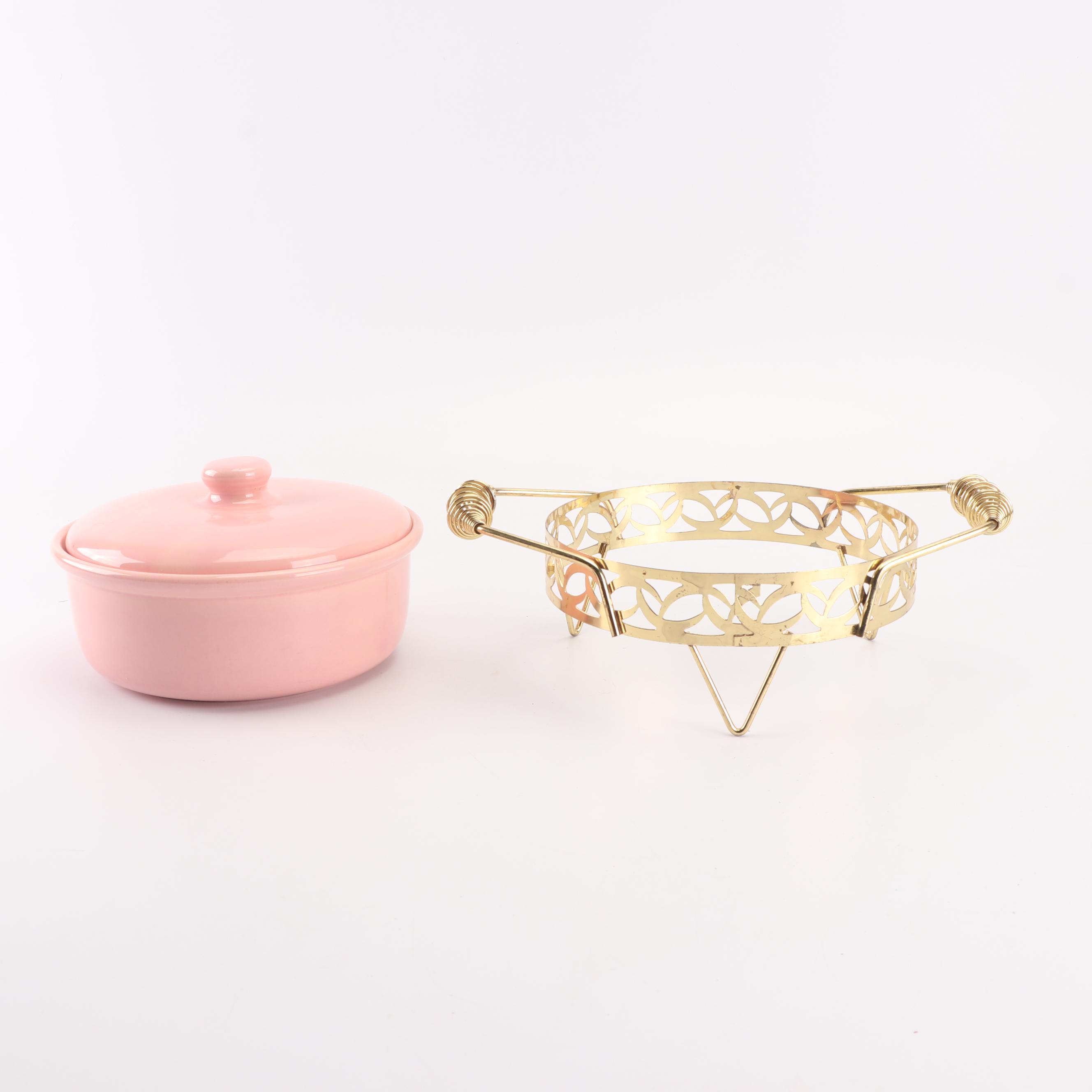 Pink Bauer Covered Casserole Dish with Brass Stand, Mid-Century