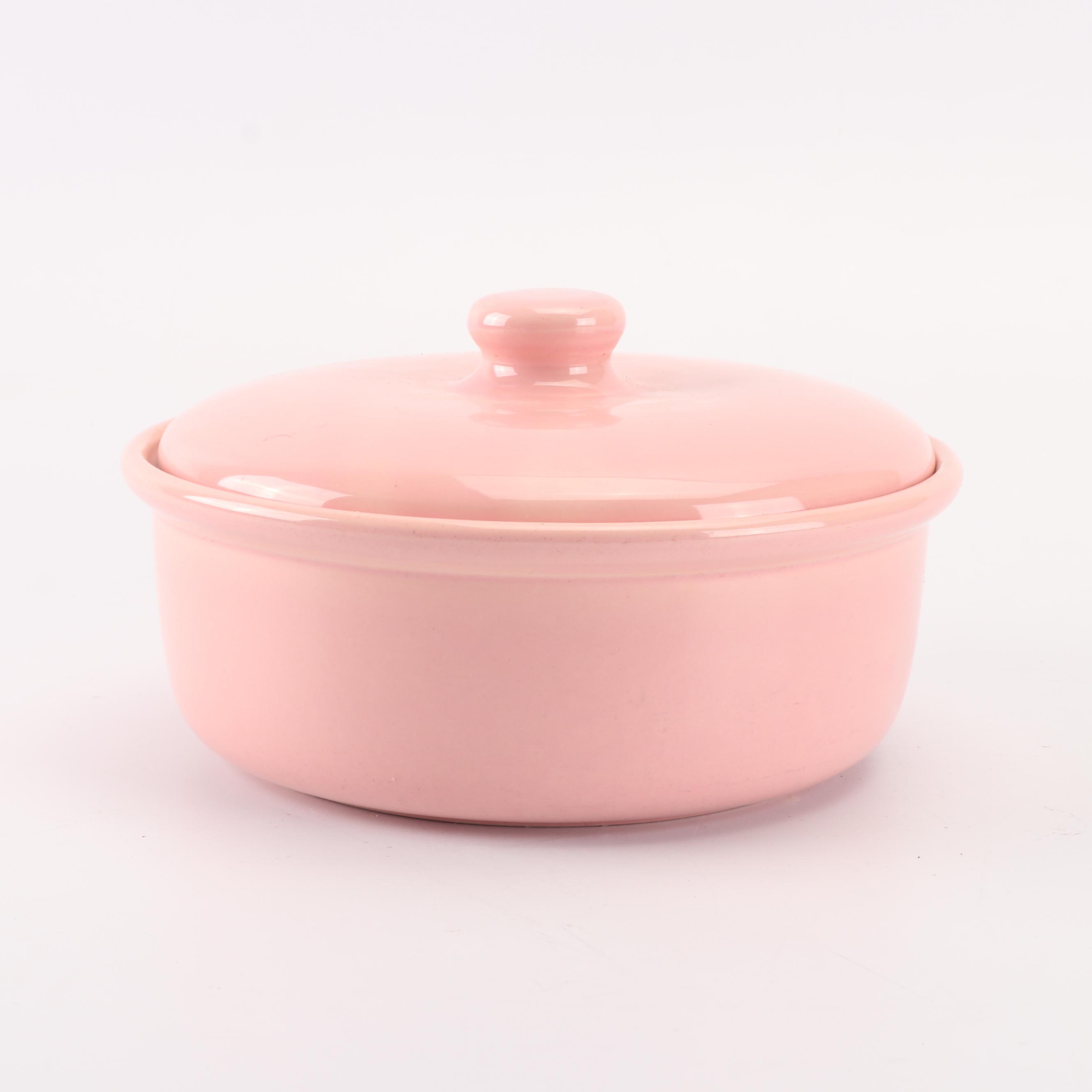 Pink Bauer Covered Casserole Dish with Brass Stand, Mid-Century