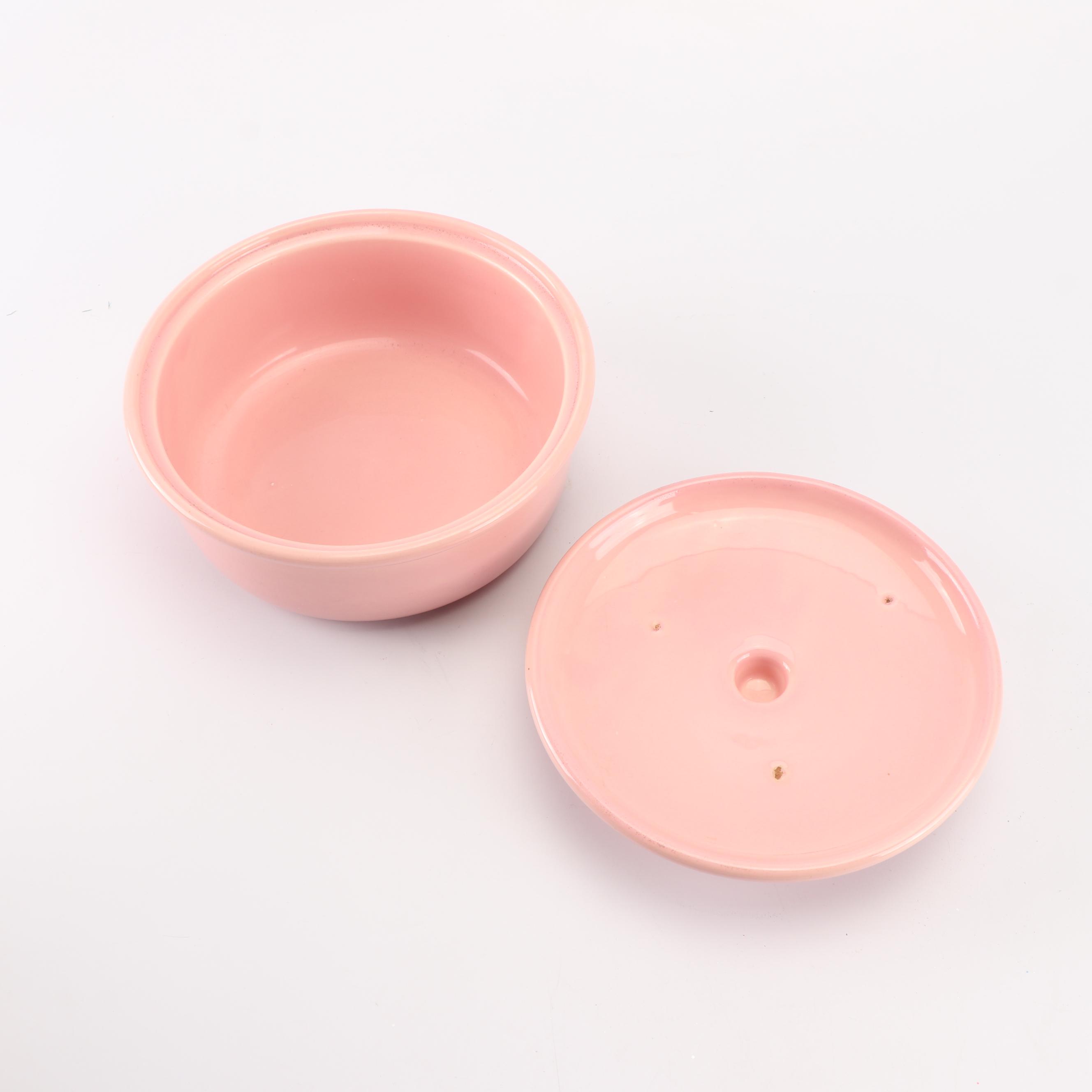 Pink Bauer Covered Casserole Dish with Brass Stand, Mid-Century