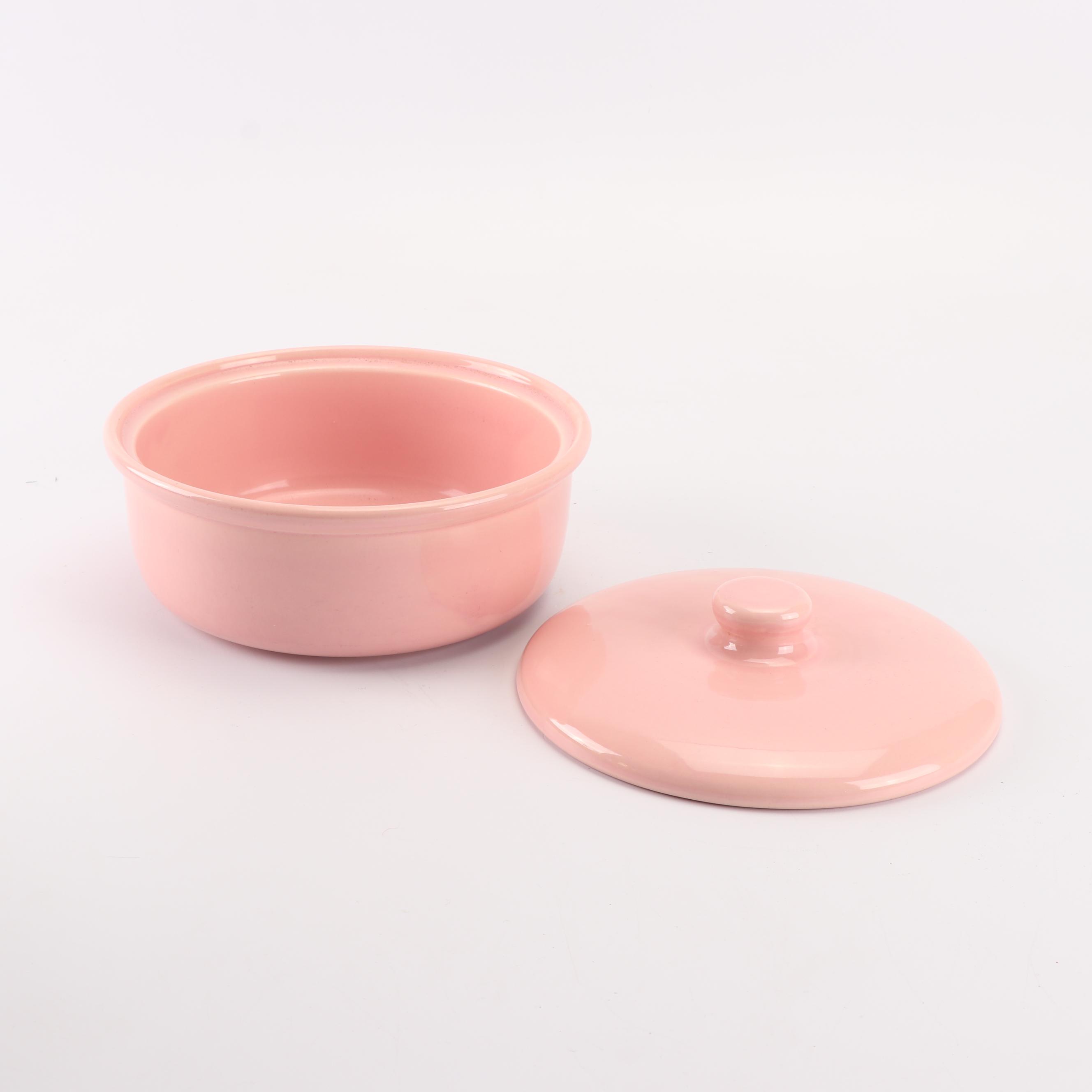 Pink Bauer Covered Casserole Dish with Brass Stand, Mid-Century