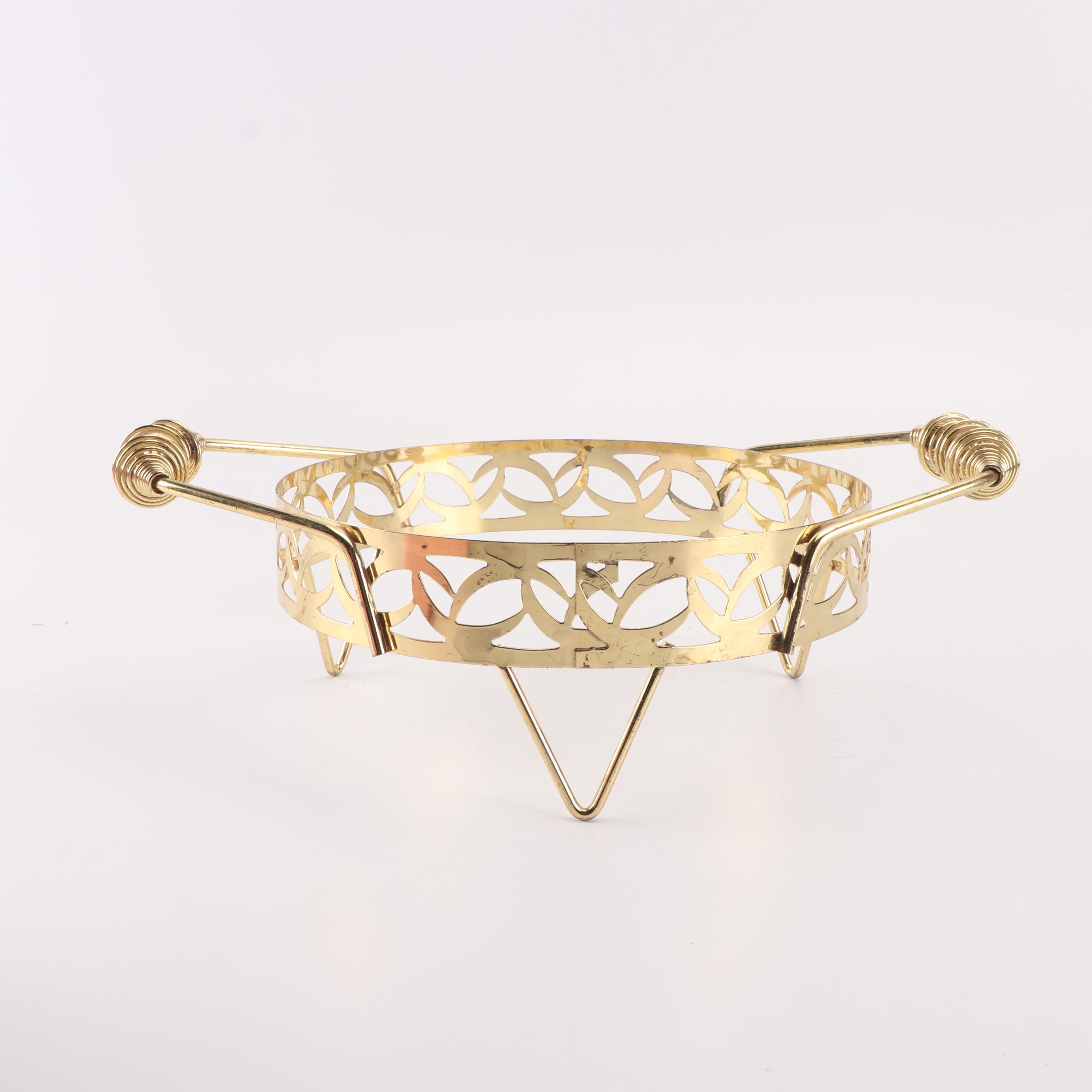 Pink Bauer Covered Casserole Dish with Brass Stand, Mid-Century