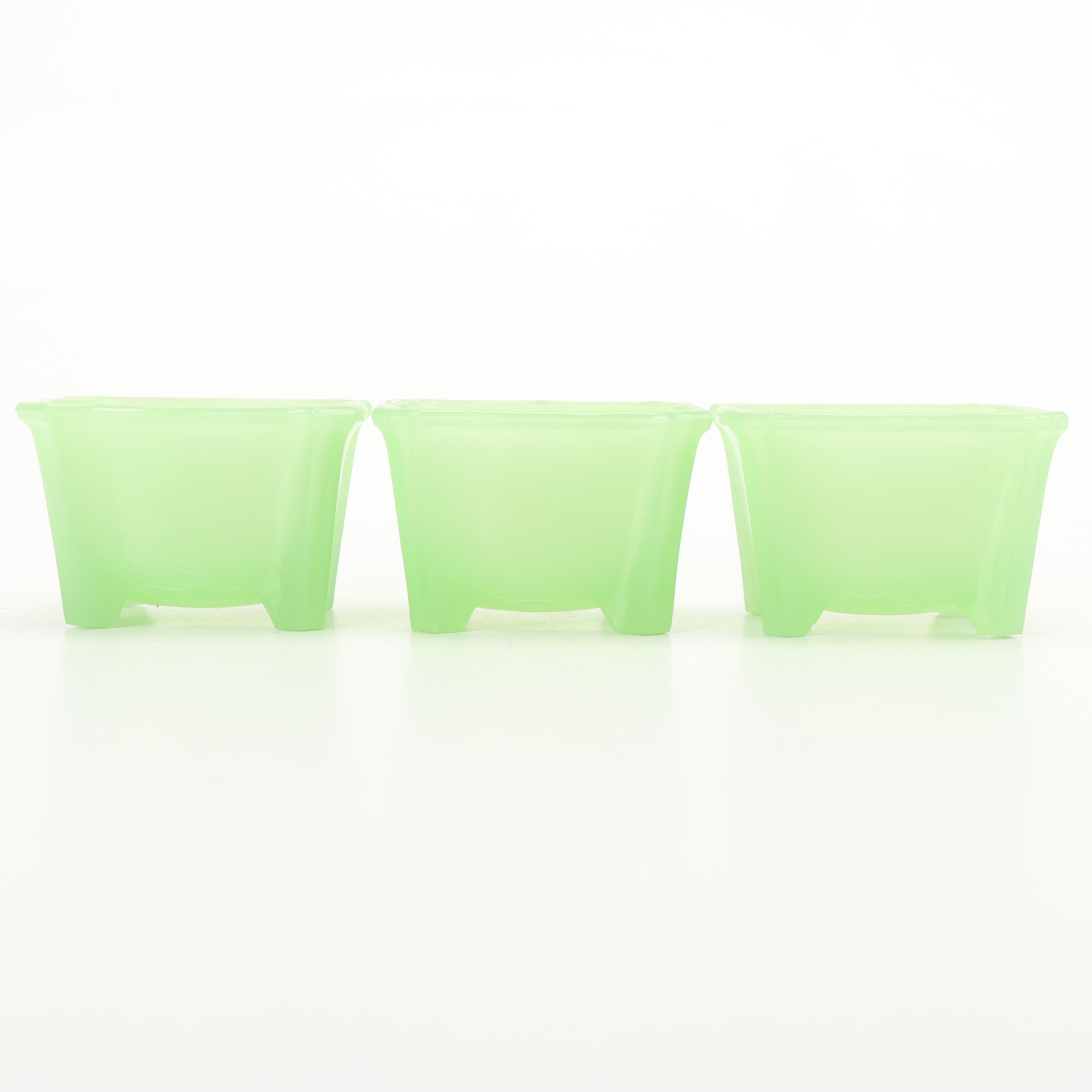 Jadeite Glass Footed Rectangular Bowls, Mid-Century