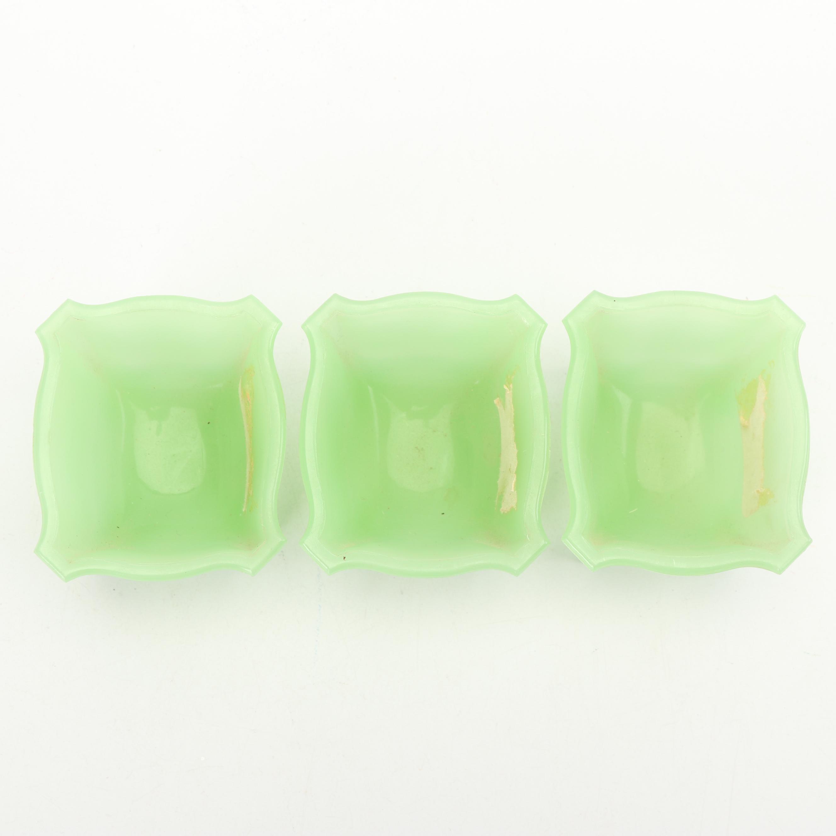 Jadeite Glass Footed Rectangular Bowls, Mid-Century