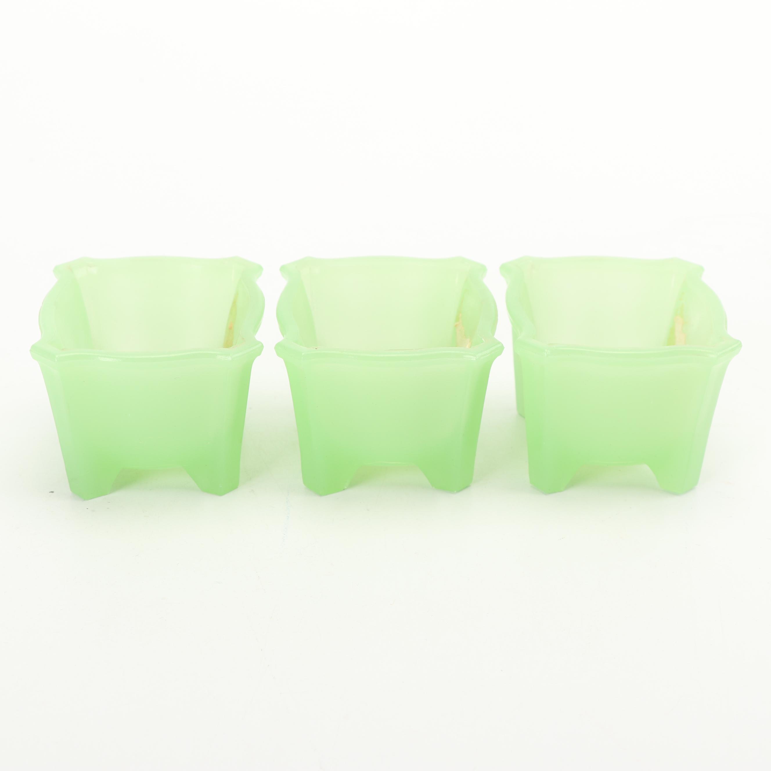 Jadeite Glass Footed Rectangular Bowls, Mid-Century