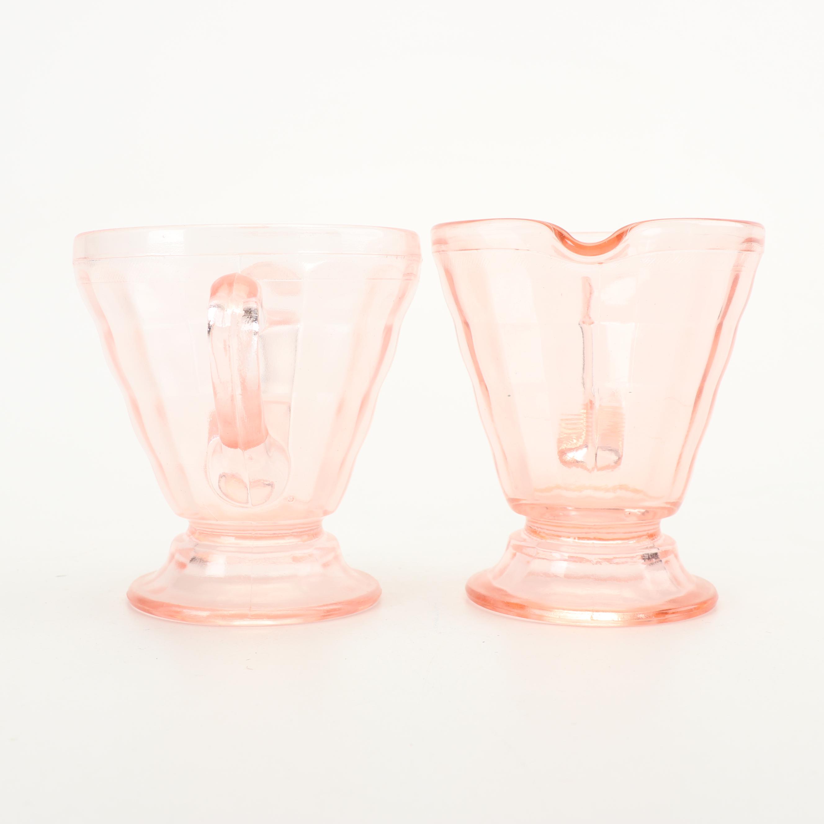 Pink Depression Glass Creamer and Sugar Sets featuring Hazel-Atlas