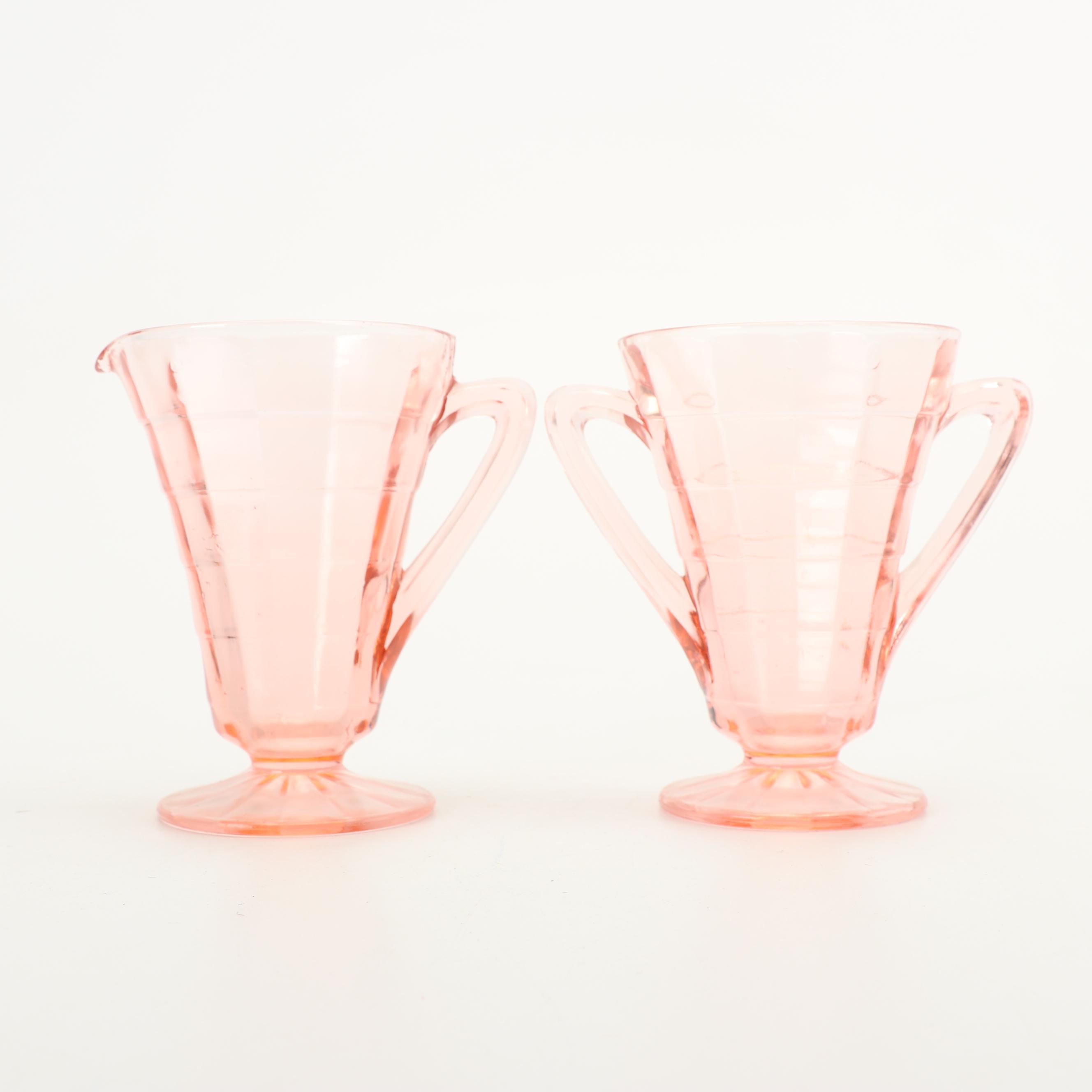 Pink Depression Glass Creamer and Sugar Sets featuring Hazel-Atlas