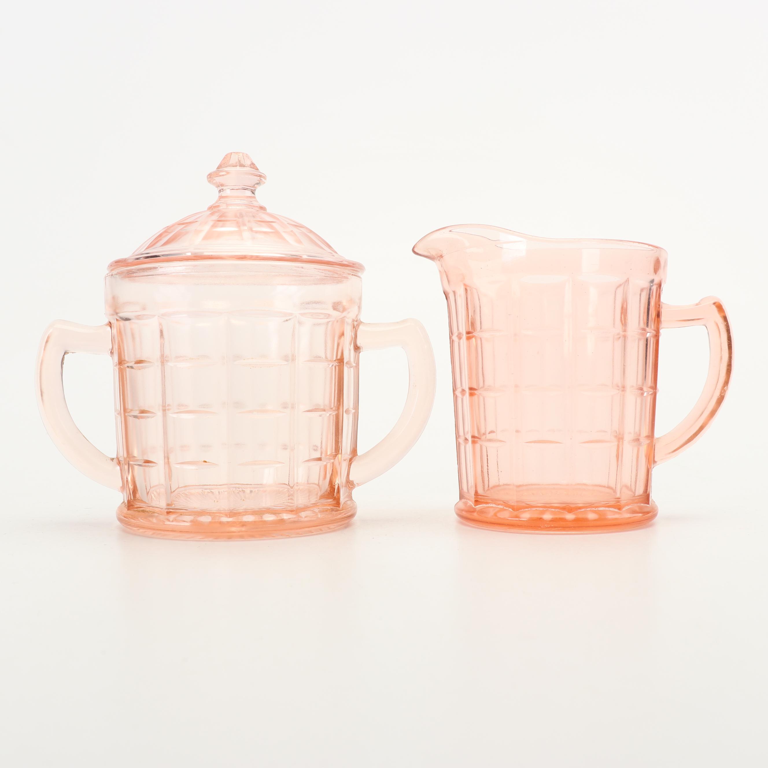 Pink Depression Glass Creamer and Sugar Sets featuring Hazel-Atlas