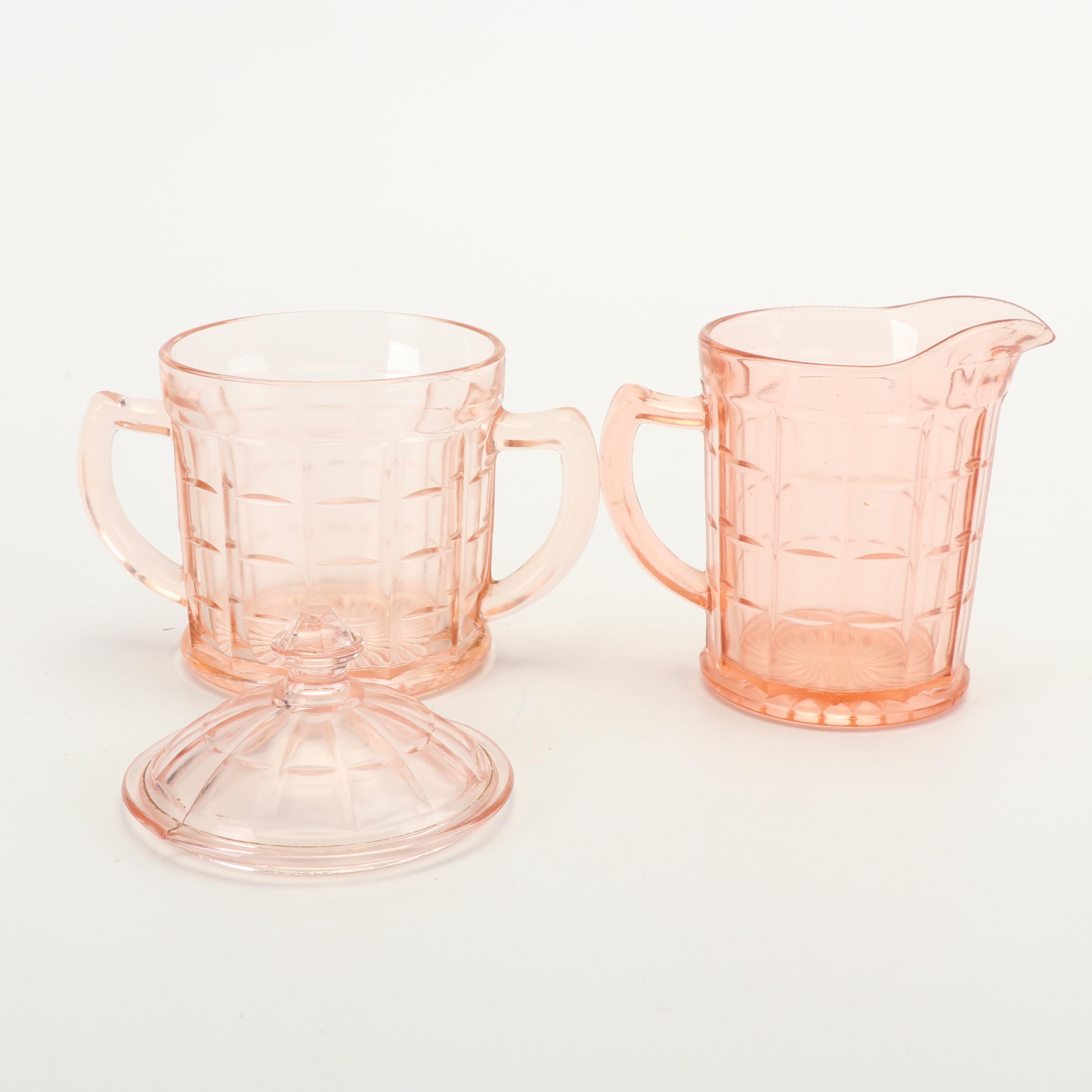 Pink Depression Glass Creamer and Sugar Sets featuring Hazel-Atlas