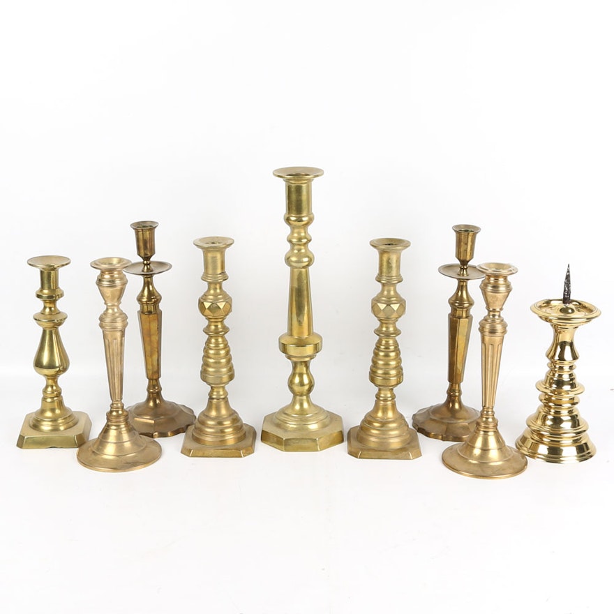 Brass Candlesticks Including Matching Pairs, with Beehive Push Up Pair