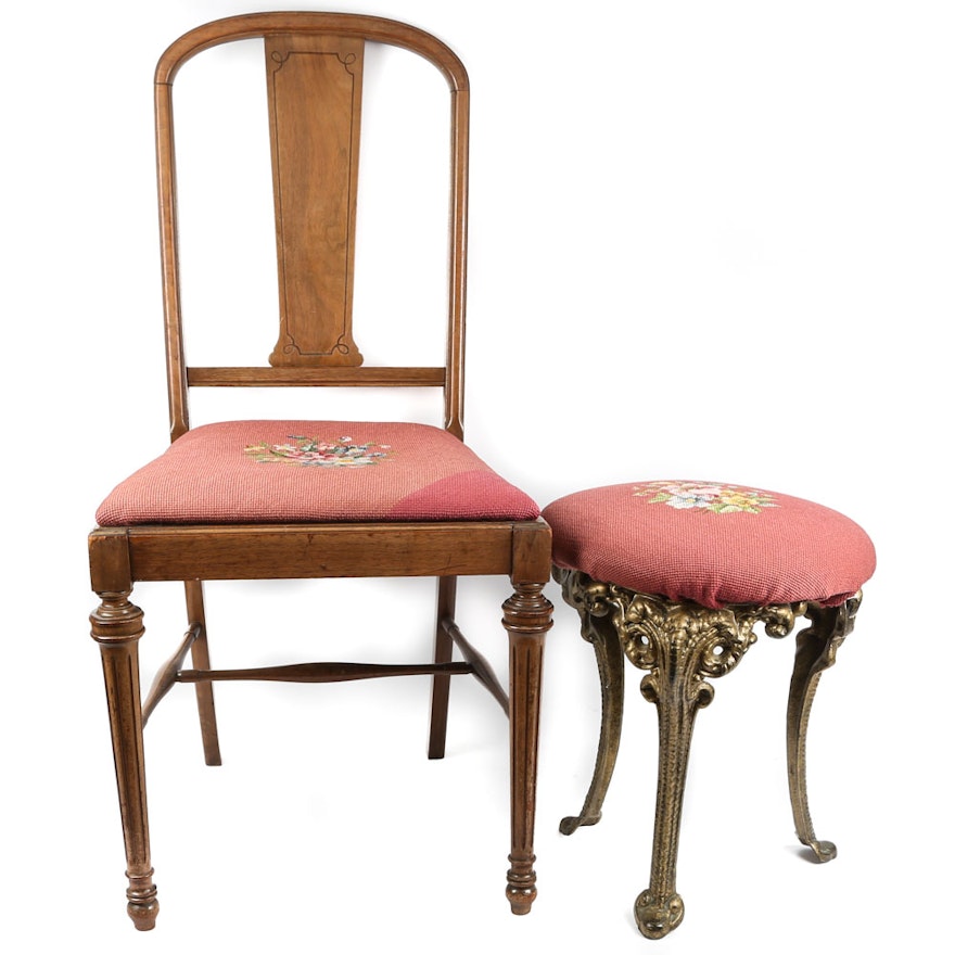 Maple Side Chair and Metal Vanity Stool with Needlepoint Seats, 20th Century