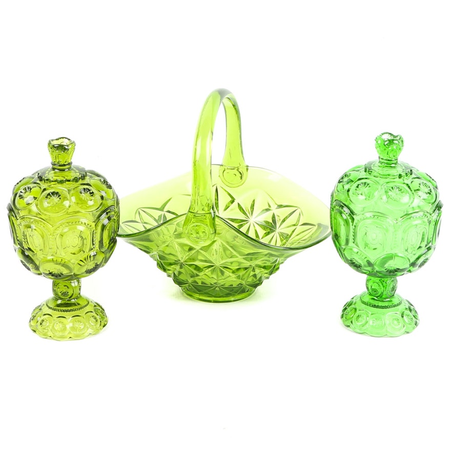 "Moon and Stars" Green Glass Lidded Candy Dishes with Basket