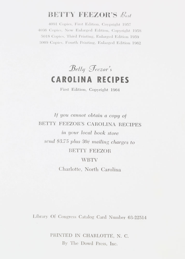 "Betty Feezor's Carolina Recipes" Cookbooks