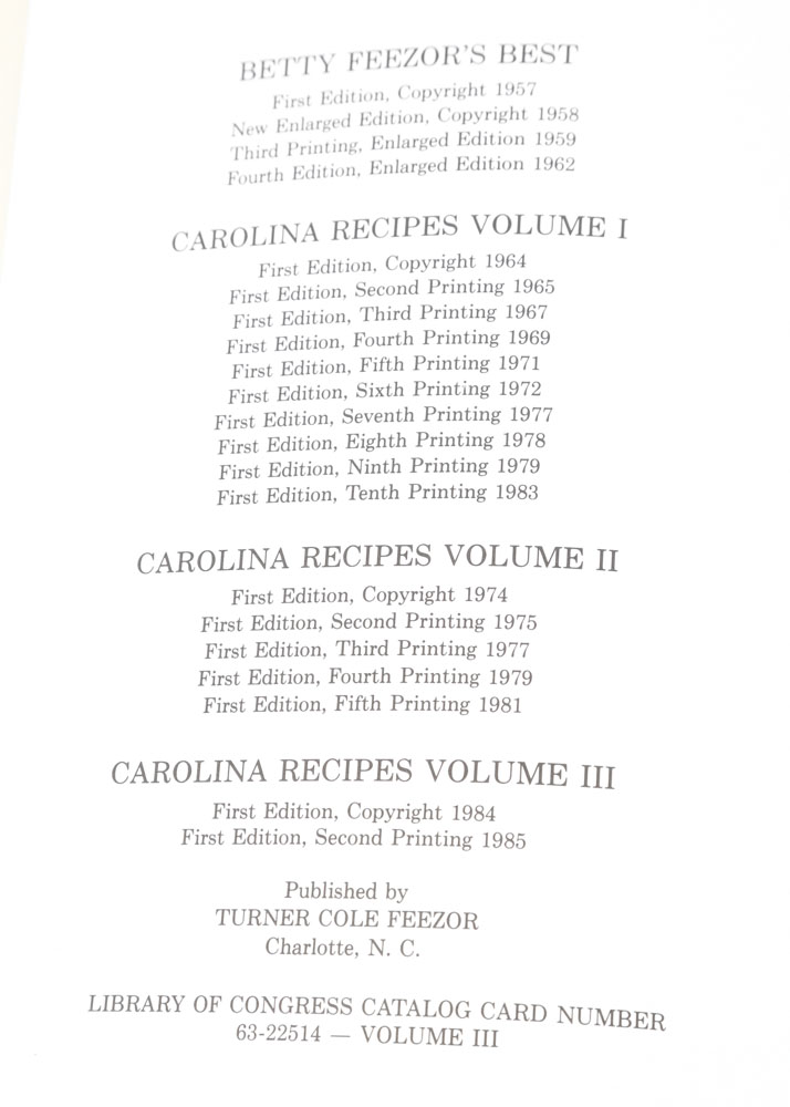 "Betty Feezor's Carolina Recipes" Cookbooks