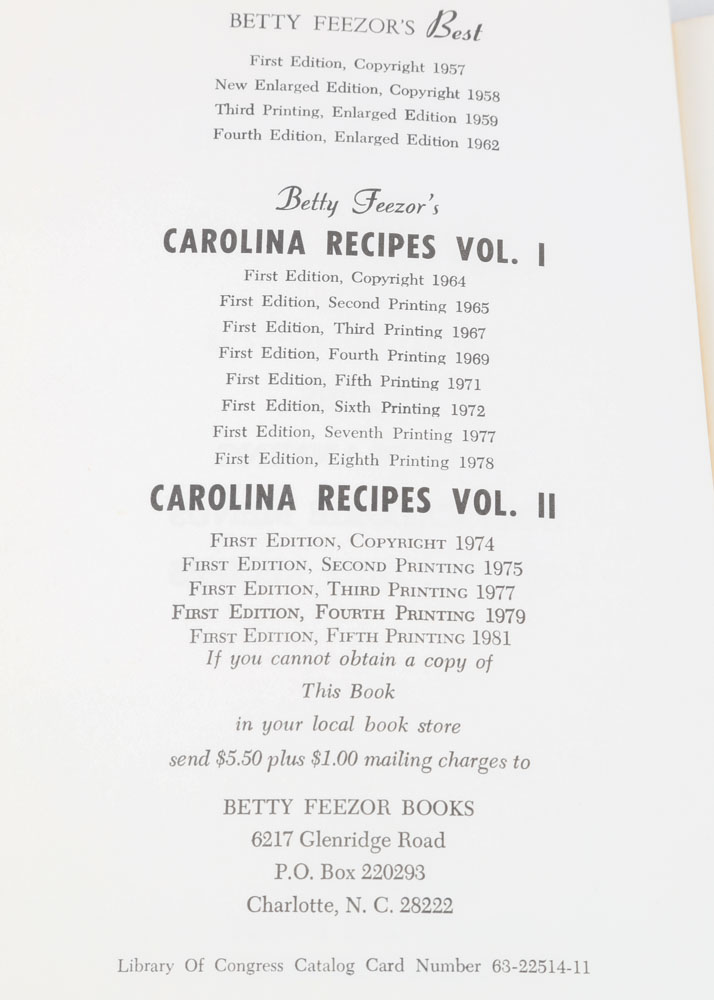 "Betty Feezor's Carolina Recipes" Cookbooks