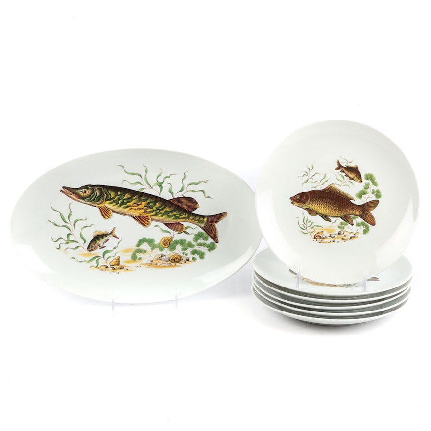 Haaman Israel Fish Motif Dinner Plates and Oval Serving Platter