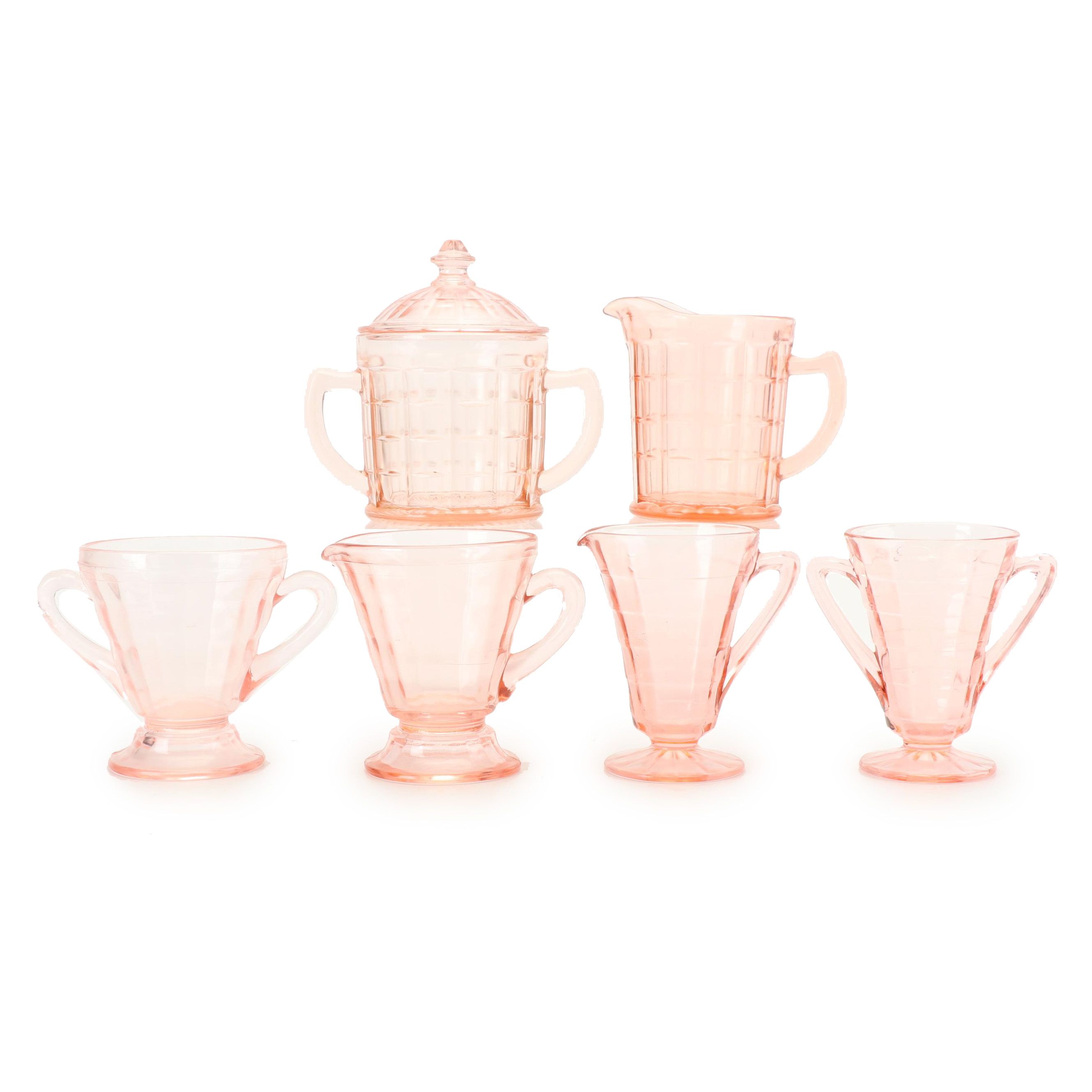 Pink Depression Glass Creamer and Sugar Sets featuring Hazel-Atlas
