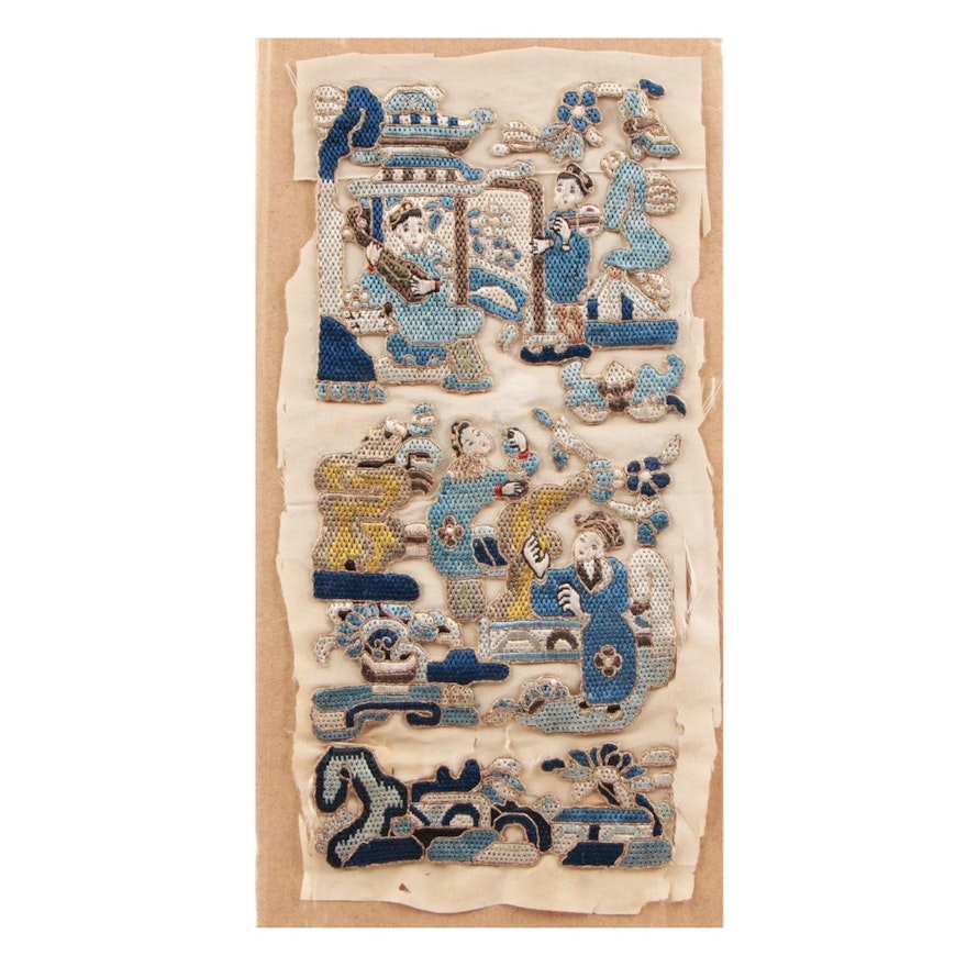 Chinese Embroidered Silk Panel, Qing Dynasty