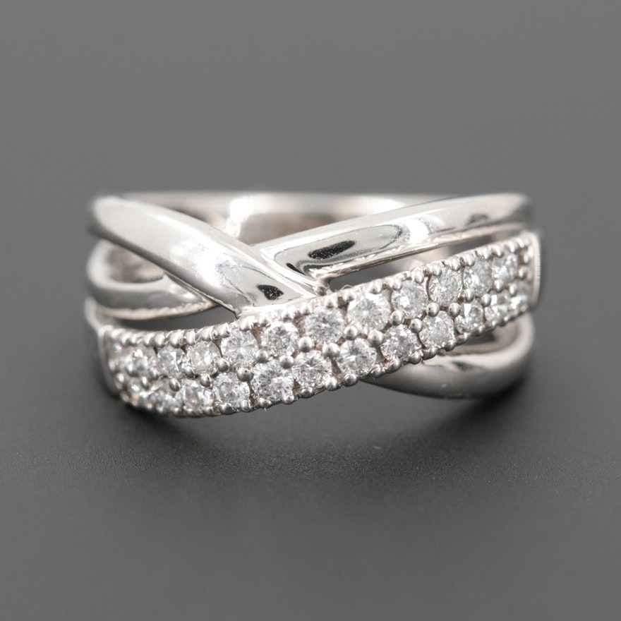 14K White Gold Diamond Cross Over Ring